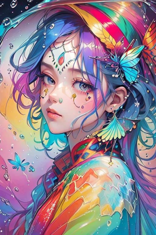 ttcolor,(masterpiece,best quality,official art),1girl, solo,<lora:ttcolor_v2:1>,colorful, multicolored background, butterfly, water, water drop, bubble, feathers, floating hair, floral print, portrait,close-up,  extreme close-up view, Highly detailed, Professional, looking at viewer,eye focus,noise, 