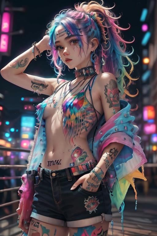 ttcolor,(masterpiece,best quality,official art),1girl, solo,<lora:ttcolor_v2:1>,colorful, multicolored background,graffiti,tattoo, water, water drop, bubble, feathers, floating hair, floral print, cowboy shot, neon trim, neon lights, cyberpunk, city,night,