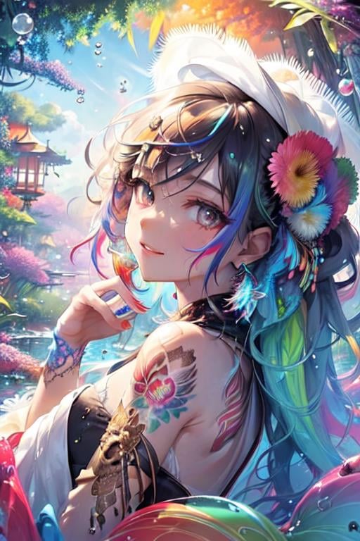 ttcolor,(masterpiece,best quality,official art),1girl, solo,<lora:ttcolor_v2:1>,colorful, multicolored background,graffiti,tattoo, water, water drop, bubble, feathers, floating hair, floral print, upper body, portrait, close-up, eye focus,flower, lantern, light,nature, smile, looking at viewer, forest, bamboo forest, 