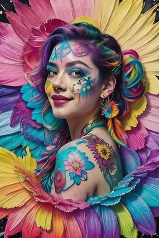 ttcolor,(masterpiece,best quality,official art),1girl, solo,<lora:ttcolor_v2:1>,colorful, multicolored background,graffiti,tattoo, water, water drop, bubble, feathers, floating hair, floral print, upper body, flower, smile, looking at viewer, 