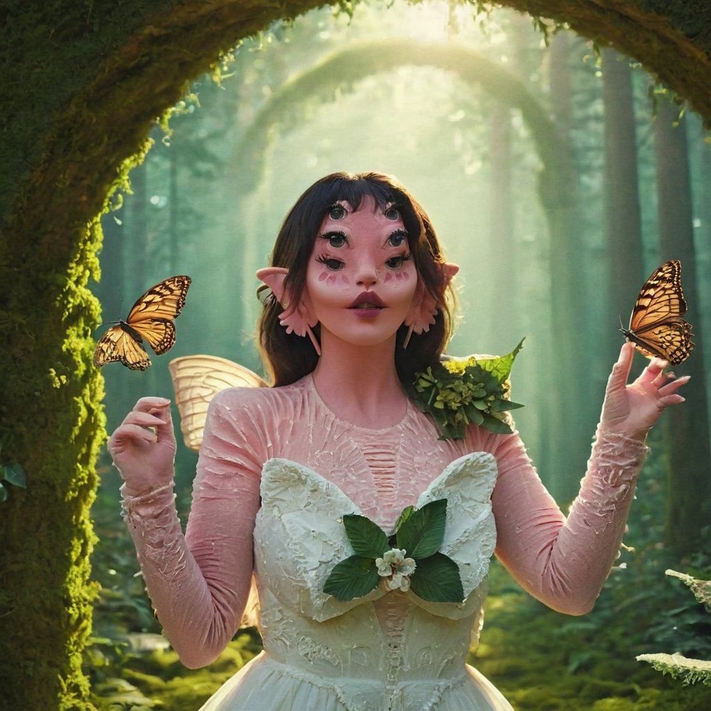 A woman, ((( forest ))), sunny , cute white dress, enchanting clothes, flower bracelets , (((very elegant and enchanting flower and leaf arch))) , backlight , day, alone, fingers crossed, enchanting environment, beautiful pose, butterflies, movie, very enchanting , (((envelope on her hand))), (((textured skin))), 4k, 18k, hairstyle, perfect face, perfect face, dataset, automatic111 version, cinematic, 3D render, posing, looking around, extraordinary, 18K, four eyes and pink skin, smoky lipstick, eyeliner, contrast, light and shadow control, extra realistic, full body,perfect hand,woman with four eyes 