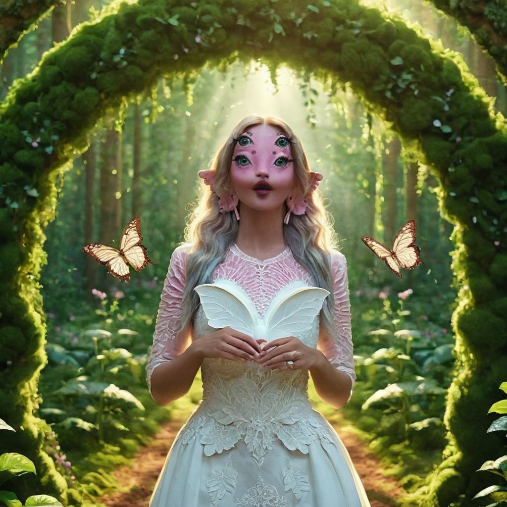 A woman, ((( forest ))), sunny , cute white dress, enchanting clothes, flower bracelets , (((very elegant and enchanting flower and leaf arch))) , backlight , day, alone, fingers crossed, enchanting environment, beautiful pose, butterflies, movie, very enchanting , (((envelope on her hand))), (((textured skin))), 4k, 18k, hairstyle, perfect face, perfect face, dataset, automatic111 version, cinematic, 3D render, posing, looking around, extraordinary, 18K, four eyes and pink skin, smoky lipstick, eyeliner, contrast, light and shadow control, extra realistic, full body,perfect hand,woman with four eyes 