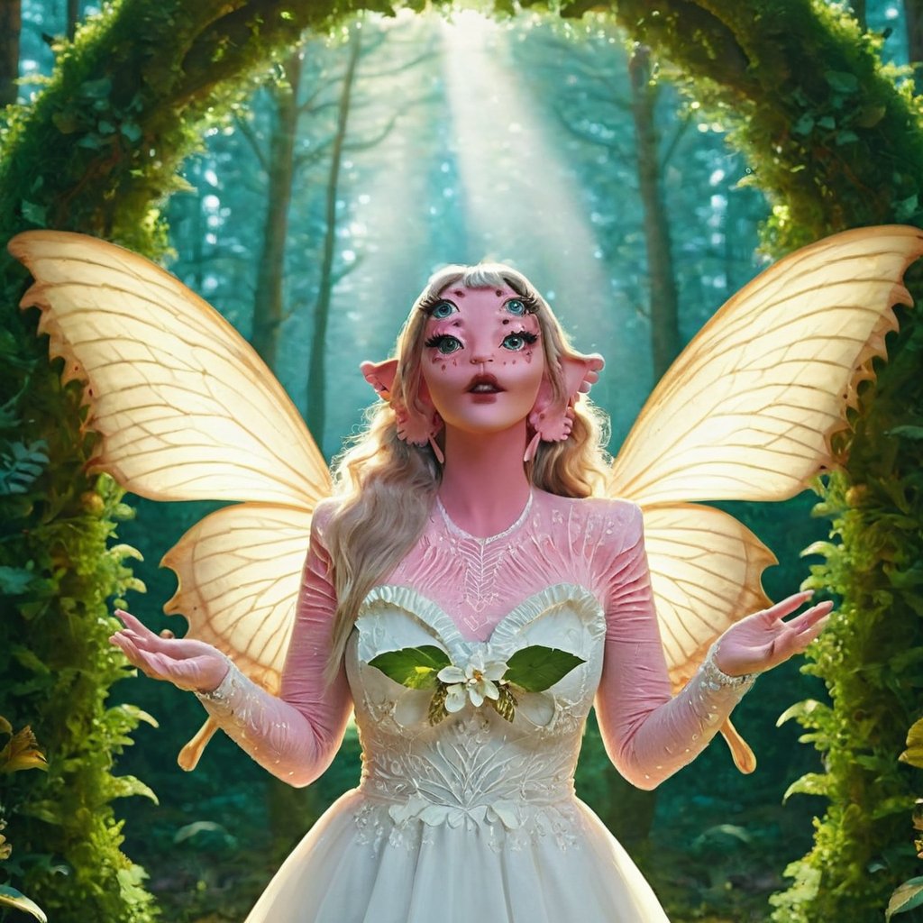 A woman, ((( forest ))), sunny , cute white dress, enchanting clothes, flower bracelets , (((very elegant and enchanting flower and leaf arch))) , backlight , day, alone, fingers crossed, enchanting environment, beautiful pose, butterflies, movie, very enchanting , (((envelope on her hand))), (((textured skin))), 4k, 18k, hairstyle, perfect face, perfect face, dataset, automatic111 version, cinematic, 3D render, posing, looking around, extraordinary, 18K, four eyes and pink skin, smoky lipstick, eyeliner, contrast, light and shadow control, extra realistic, full body,perfect hand,woman with four eyes,a woman with four eyes 