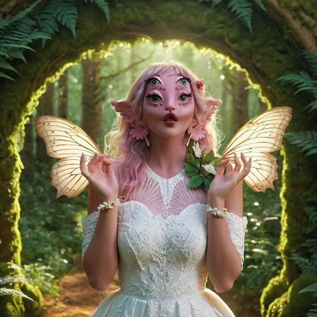 A woman, ((( forest ))), sunny , cute white dress, enchanting clothes, flower bracelets , (((very elegant and enchanting flower and leaf arch))) , backlight , day, alone, fingers crossed, enchanting environment, beautiful pose, butterflies, movie, very enchanting , (((envelope on her hand))), (((textured skin))), 4k, 18k, hairstyle, perfect face, perfect face, dataset, automatic111 version, cinematic, 3D render, posing, looking around, extraordinary, 18K, four eyes and pink skin, smoky lipstick, eyeliner, contrast, light and shadow control, extra realistic, full body,perfect hand,woman with four eyes,a woman with four eyes 