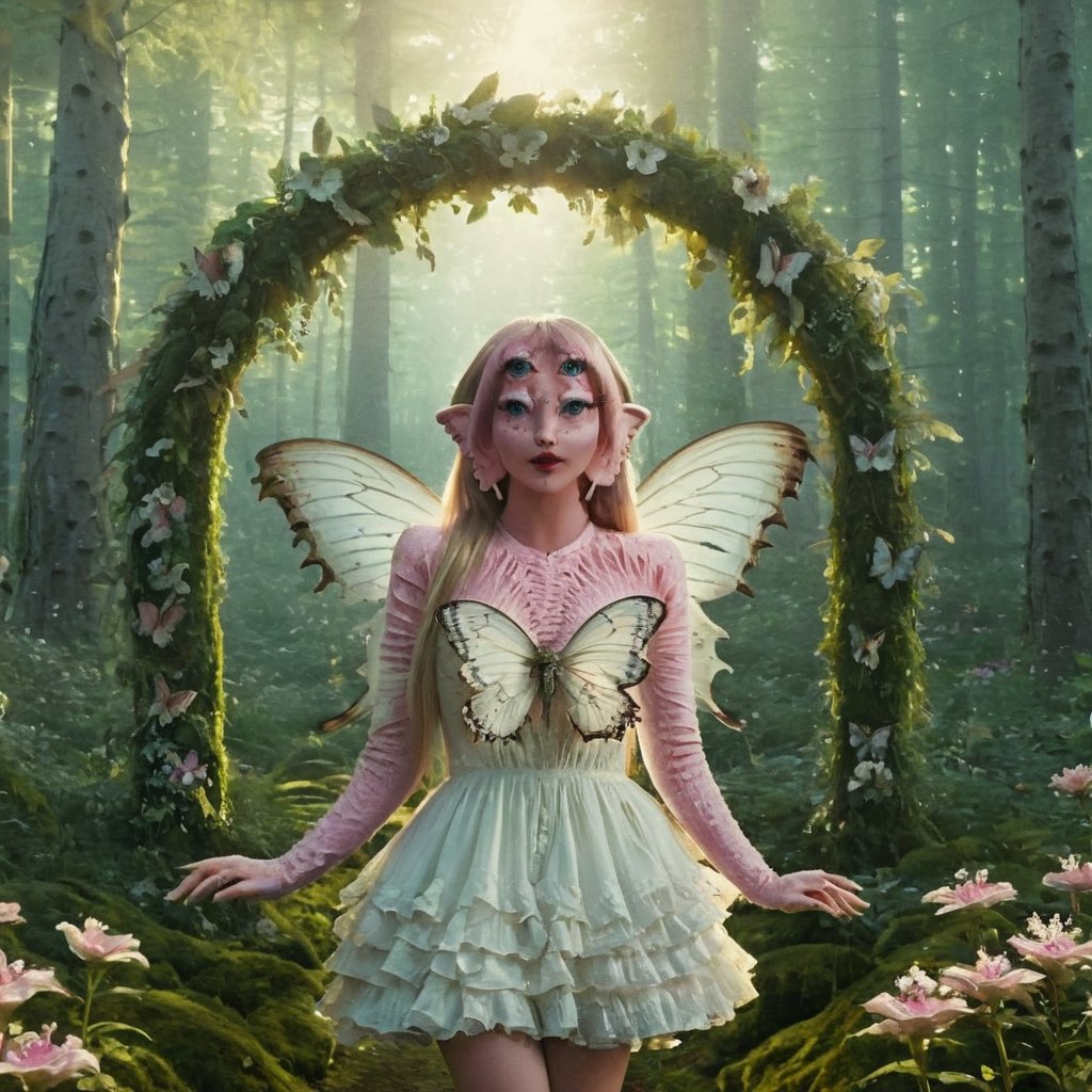 A woman, ((( forest ))), sunny , cute white dress, enchanting clothes, flower bracelets , (((very elegant and enchanting flower and leaf arch))) , backlight , day, alone, fingers crossed, enchanting environment, beautiful pose, butterflies, movie, very enchanting , (((envelope on her hand))), (((textured skin))), 4k, 18k, hairstyle, perfect face, perfect face, dataset, automatic111 version, cinematic, 3D render, posing, looking around, extraordinary, 18K, four eyes and pink skin, smoky lipstick, eyeliner, contrast, light and shadow control, extra realistic, full body,perfect hand,woman with four eyes,a woman with four eyes 