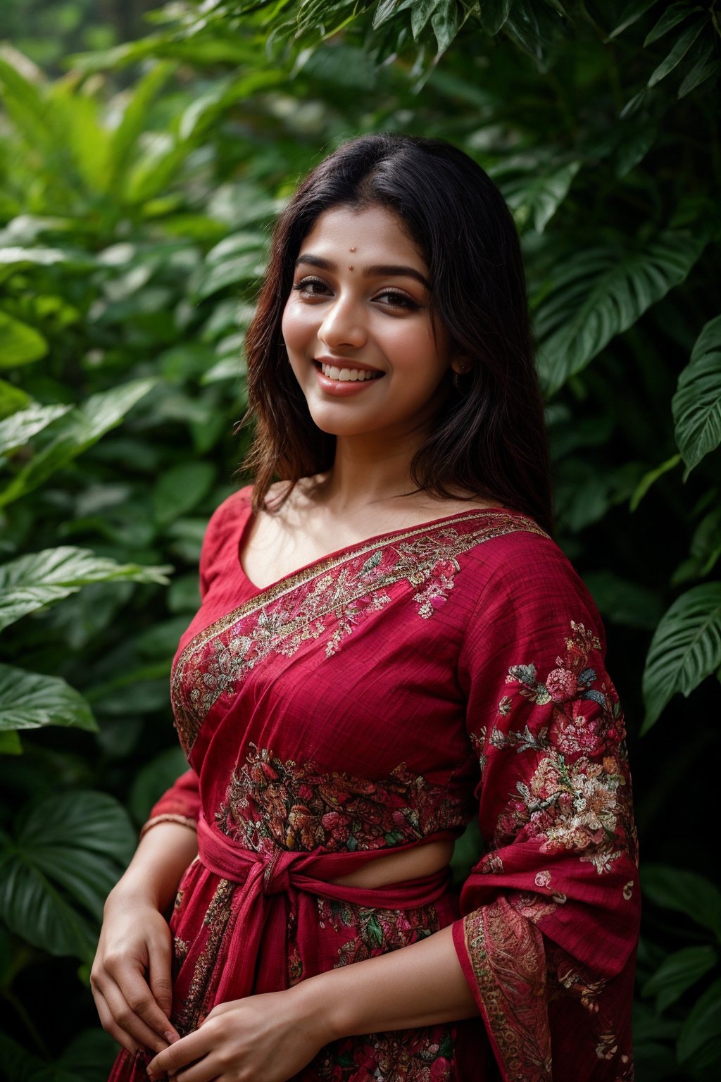 A stunning Kerala beauty poses in a lush botanical garden on a bright, sunny day. She wears a vibrant traditional embroidered dress adorned with intricate black, red, and green patterns, her Brown hair shining under the warm light. Her radiant smile captures the essence of joy as she stands amidst a tapestry of colorful flowers, the gentle breeze rustling the petals in harmony with her carefree laughter.