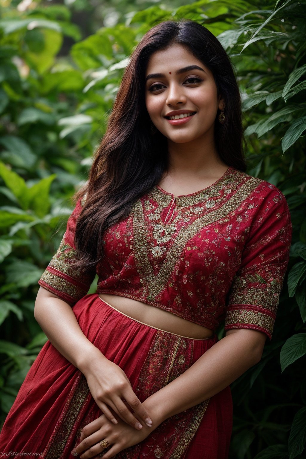 A stunning Kerala beauty poses in a lush botanical garden on a bright, sunny day. She wears a vibrant traditional embroidered dress adorned with intricate black, red, and green patterns, her Brown hair shining under the warm light. Her radiant smile captures the essence of joy as she stands amidst a tapestry of colorful flowers, the gentle breeze rustling the petals in harmony with her carefree laughter.