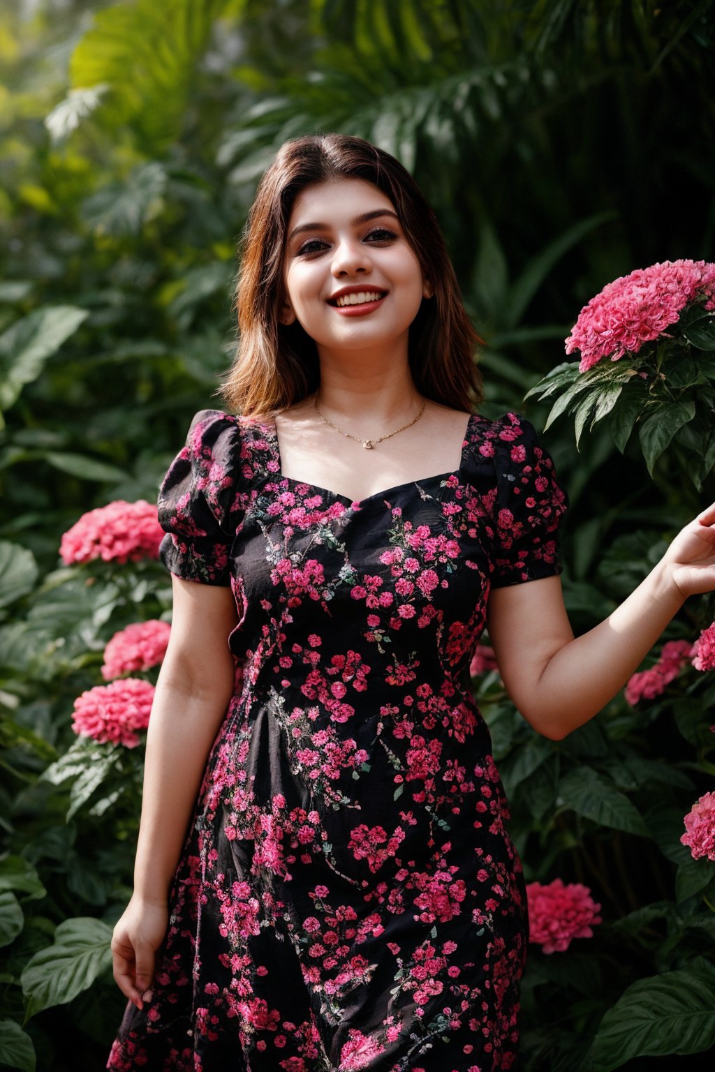 A stunning Ukrainian beauty poses in a lush botanical garden on a bright, sunny day. She wears a vibrant traditional embroidered dress adorned with intricate black, red, and green patterns, her blonde hair shining under the warm light. Her radiant smile captures the essence of joy as she stands amidst a tapestry of colorful flowers, the gentle breeze rustling the petals in harmony with her carefree laughter.