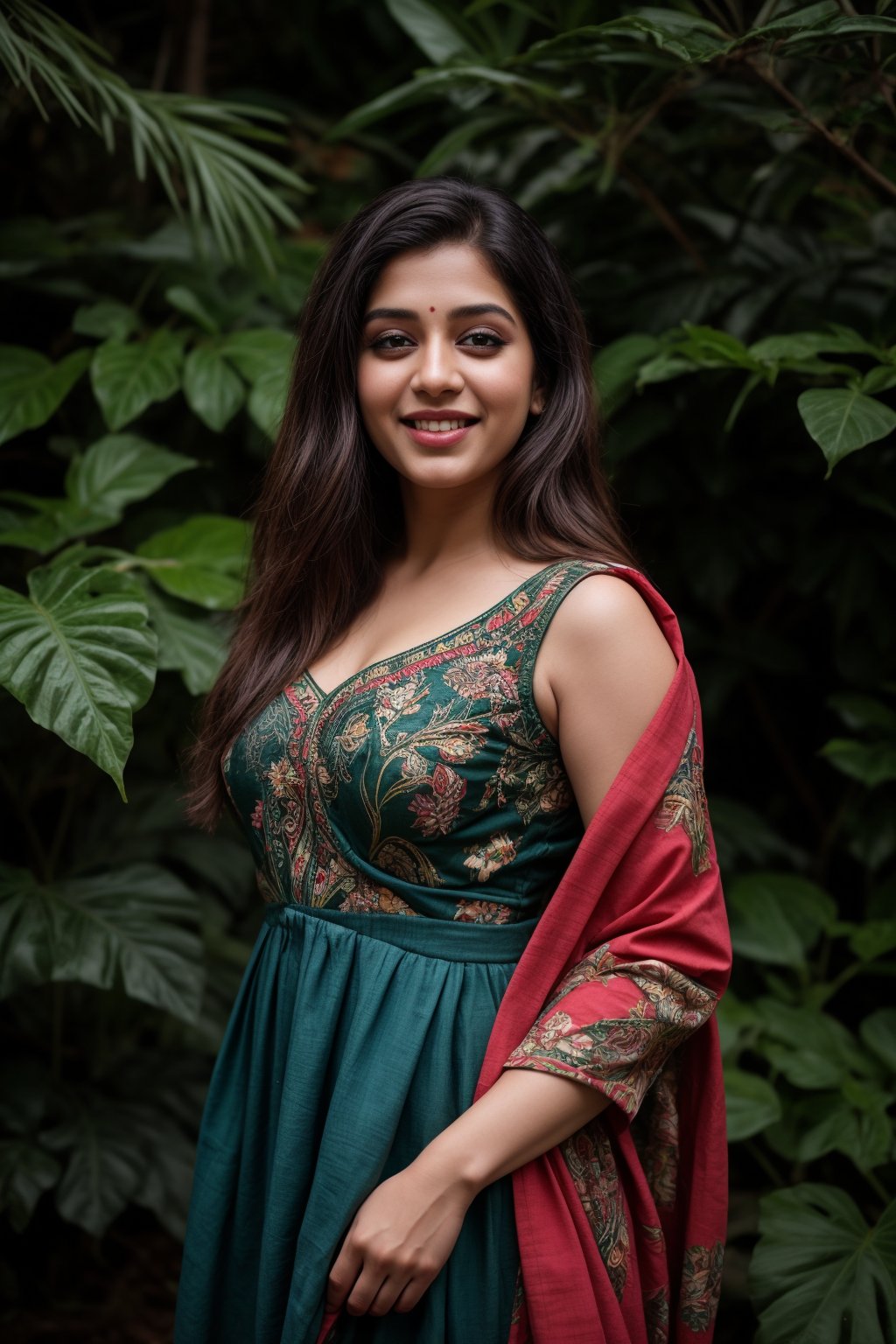 A stunning Kerala beauty poses in a lush botanical garden on a bright, sunny day. She wears a vibrant traditional embroidered dress adorned with intricate black, red, and green patterns, her Brown hair shining under the warm light. Her radiant smile captures the essence of joy as she stands amidst a tapestry of colorful flowers, the gentle breeze rustling the petals in harmony with her carefree laughter.