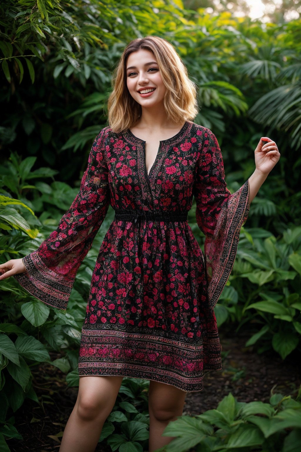 A stunning Ukrainian beauty poses in a lush botanical garden on a bright, sunny day. She wears a vibrant traditional embroidered dress adorned with intricate black, red, and green patterns, her blonde hair shining under the warm light. Her radiant smile captures the essence of joy as she stands amidst a tapestry of colorful flowers, the gentle breeze rustling the petals in harmony with her carefree laughter.