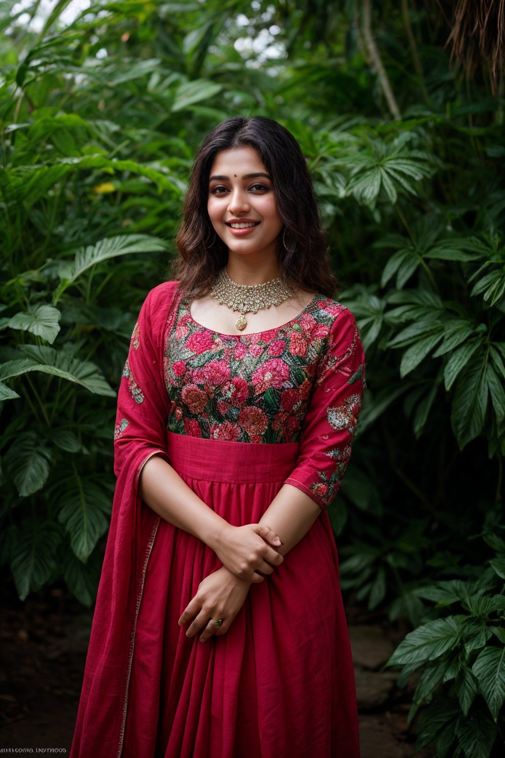 A stunning Kerala beauty poses in a lush botanical garden on a bright, sunny day. She wears a vibrant traditional embroidered dress adorned with intricate black, red, and green patterns, her Brown hair shining under the warm light. Her radiant smile captures the essence of joy as she stands amidst a tapestry of colorful flowers, the gentle breeze rustling the petals in harmony with her carefree laughter.