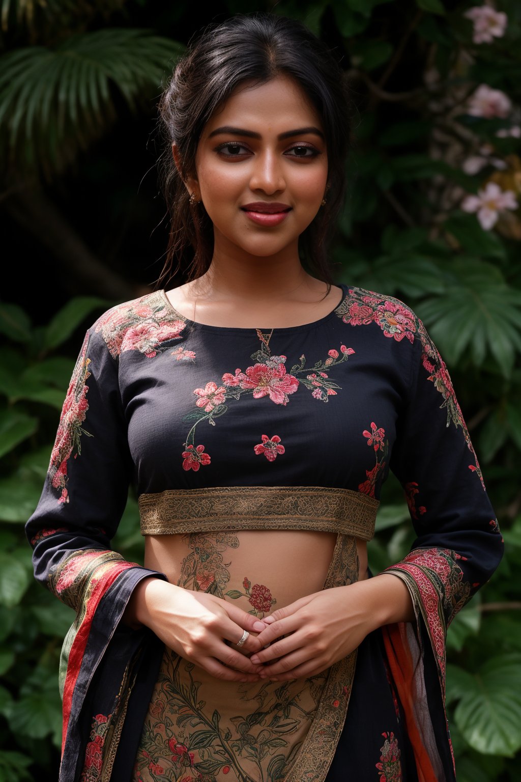 A stunning Kerala beauty poses in a lush botanical garden on a bright, sunny day. She wears a vibrant traditional embroidered dress adorned with intricate black, red, and green patterns, her Brown hair shining under the warm light. Her radiant smile captures the essence of joy as she stands amidst a tapestry of colorful flowers, the gentle breeze rustling the petals in harmony with her carefree laughter.,Amala Paul