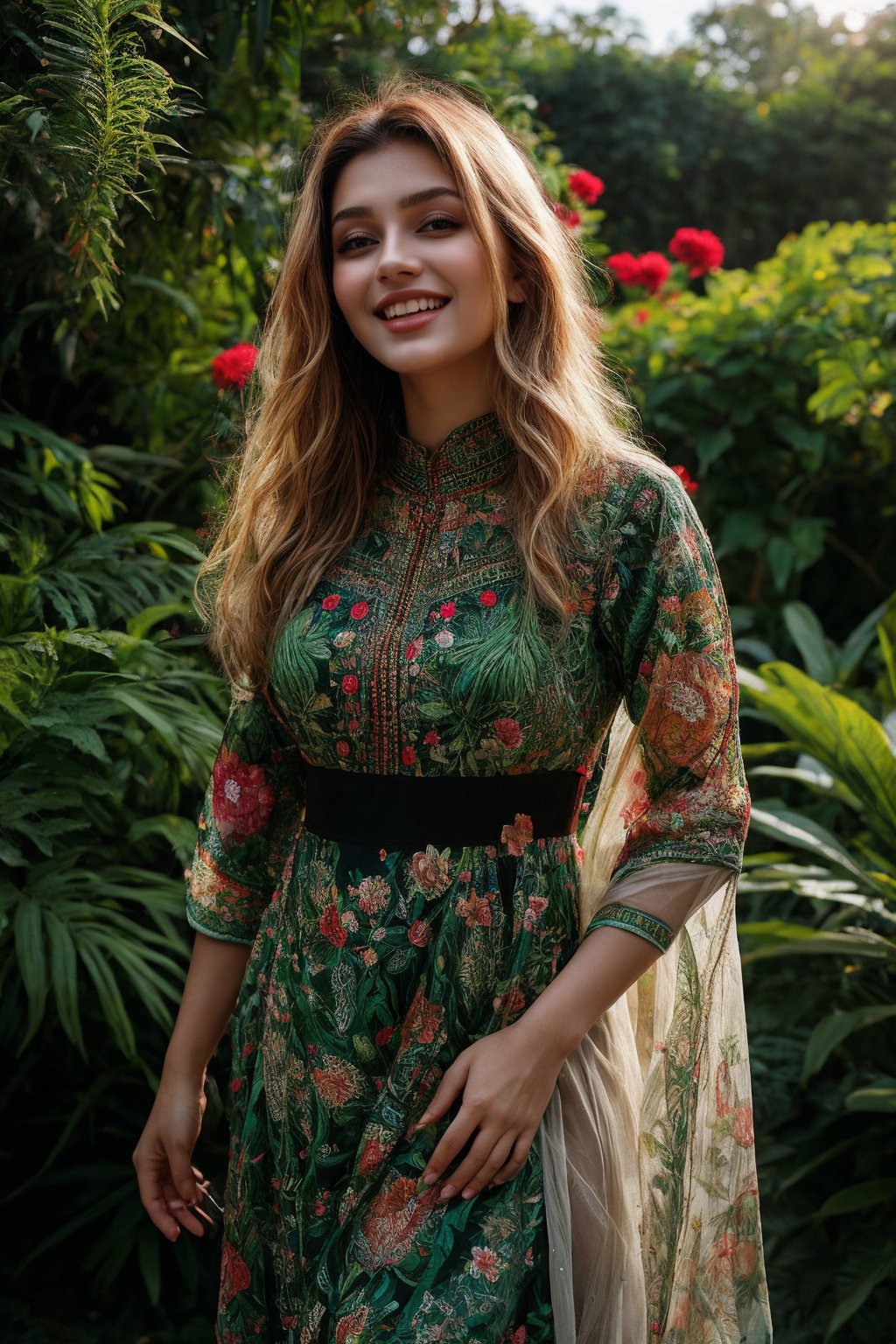 A stunning Ukrainian beauty poses in a lush botanical garden on a bright, sunny day. She wears a vibrant traditional embroidered dress adorned with intricate black, red, and green patterns, her blonde hair shining under the warm light. Her radiant smile captures the essence of joy as she stands amidst a tapestry of colorful flowers, the gentle breeze rustling the petals in harmony with her carefree laughter.