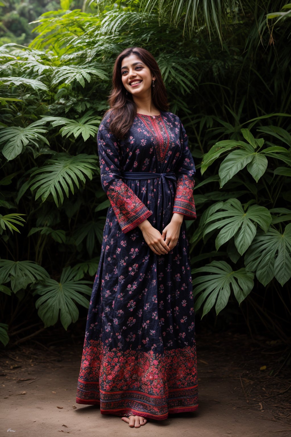 A stunning Kerala beauty poses in a lush botanical garden on a bright, sunny day. She wears a vibrant traditional embroidered dress adorned with intricate black, red, and green patterns, her Brown hair shining under the warm light. Her radiant smile captures the essence of joy as she stands amidst a tapestry of colorful flowers, the gentle breeze rustling the petals in harmony with her carefree laughter.