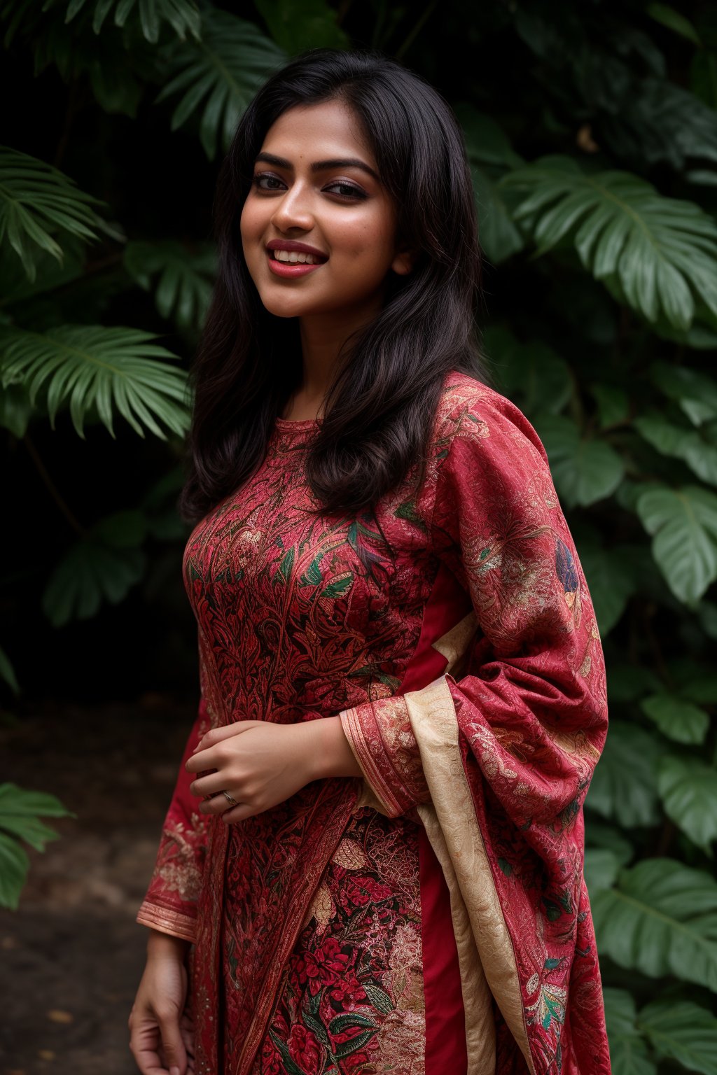 A stunning Kerala beauty poses in a lush botanical garden on a bright, sunny day. She wears a vibrant traditional embroidered dress adorned with intricate black, red, and green patterns, her Brown hair shining under the warm light. Her radiant smile captures the essence of joy as she stands amidst a tapestry of colorful flowers, the gentle breeze rustling the petals in harmony with her carefree laughter.,Amala Paul