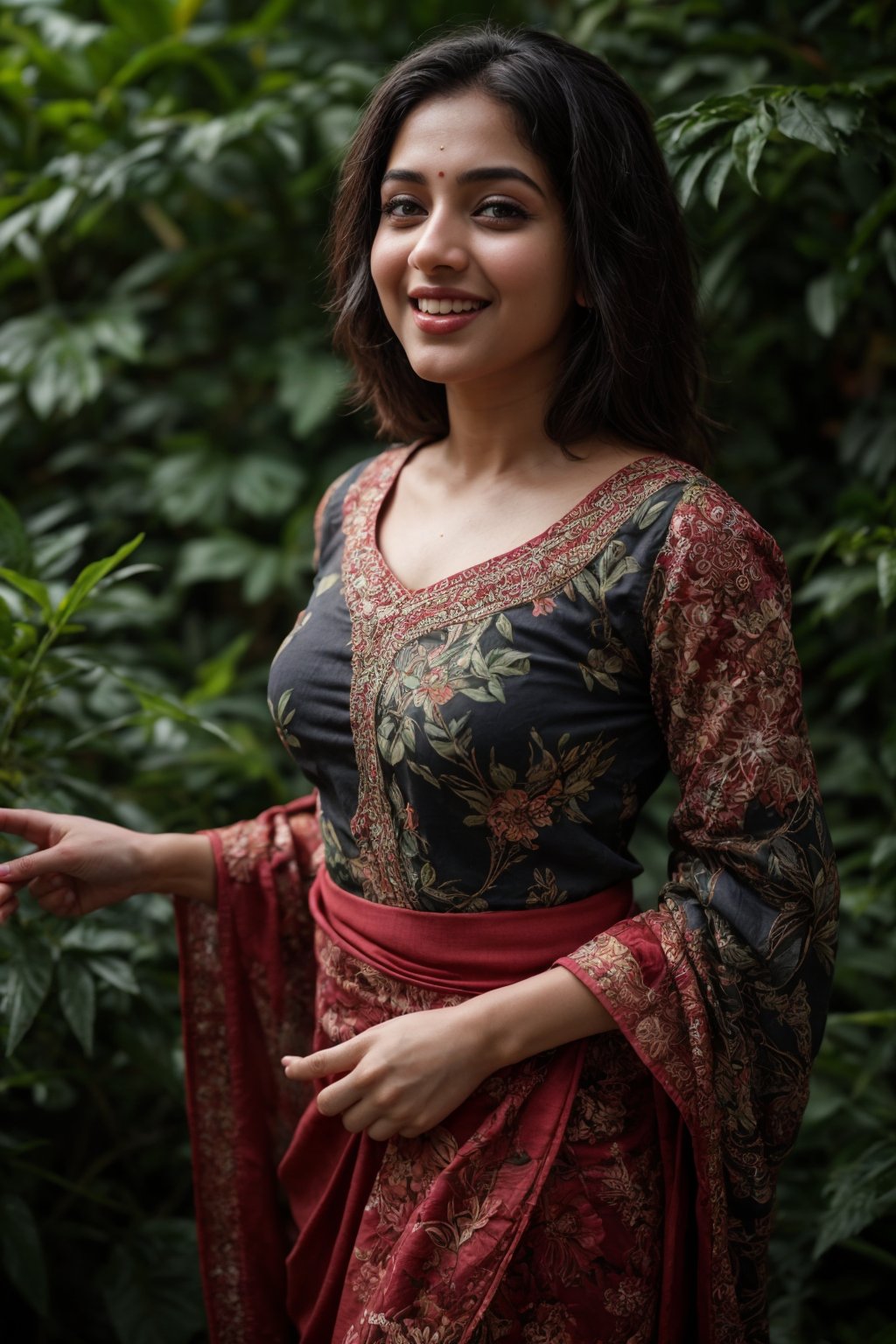 A stunning Kerala beauty poses in a lush botanical garden on a bright, sunny day. She wears a vibrant traditional embroidered dress adorned with intricate black, red, and green patterns, her Brown hair shining under the warm light. Her radiant smile captures the essence of joy as she stands amidst a tapestry of colorful flowers, the gentle breeze rustling the petals in harmony with her carefree laughter.