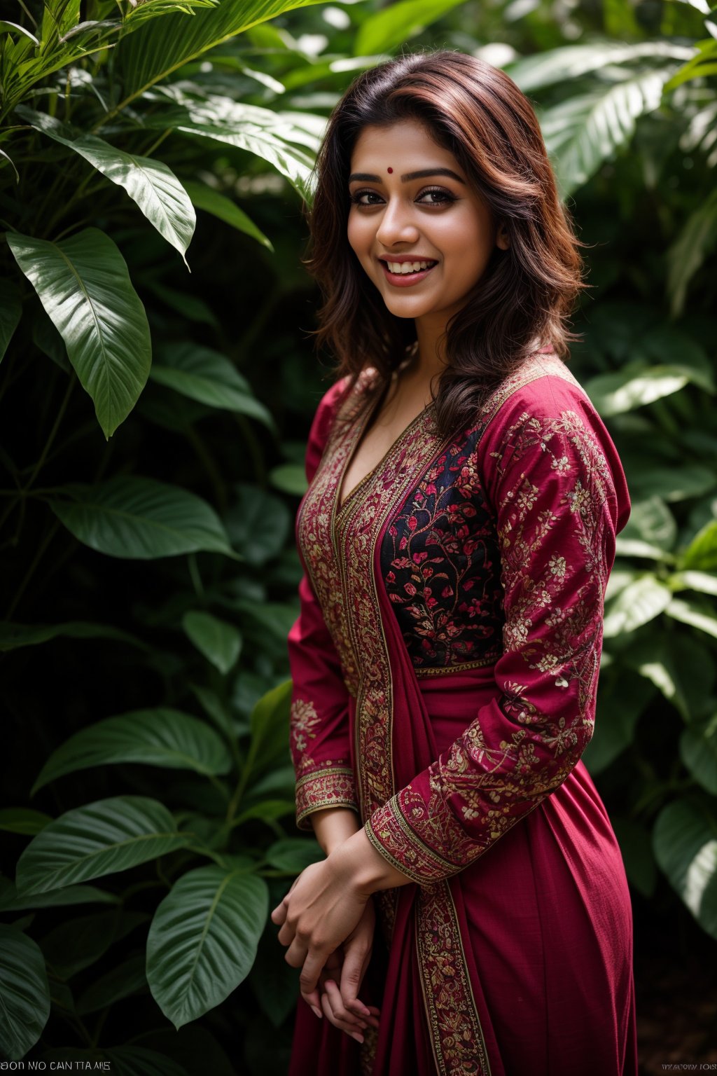 A stunning Kerala beauty poses in a lush botanical garden on a bright, sunny day. She wears a vibrant traditional embroidered dress adorned with intricate black, red, and green patterns, her Brown hair shining under the warm light. Her radiant smile captures the essence of joy as she stands amidst a tapestry of colorful flowers, the gentle breeze rustling the petals in harmony with her carefree laughter.