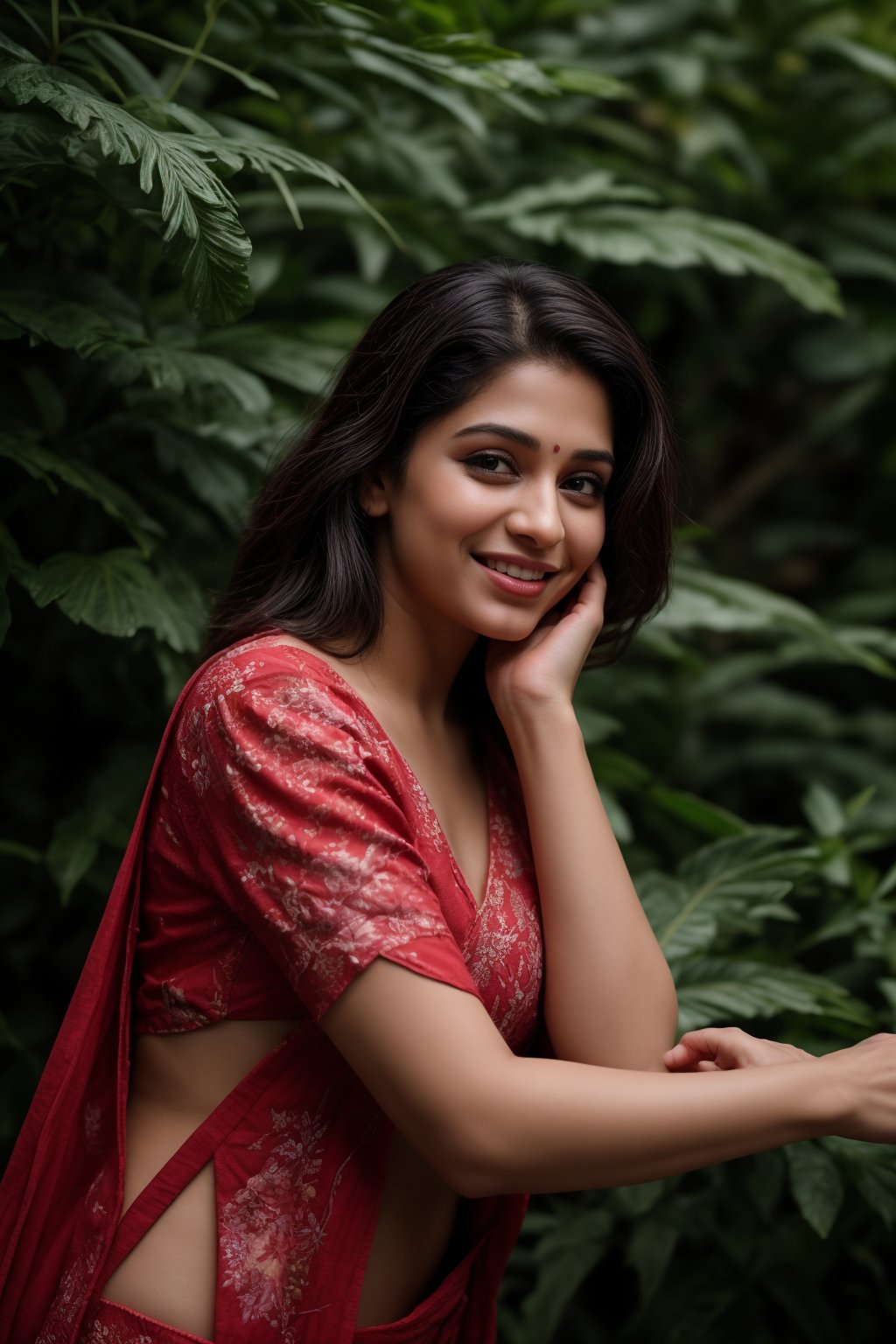 A stunning Kerala beauty poses in a lush botanical garden on a bright, perfect hand and finger:1.2, sunny day. She wears a vibrant traditional embroidered dress adorned with intricate black, red, and green patterns, her Brown hair shining under the warm light. Her radiant smile captures the essence of joy as she stands amidst a tapestry of colorful flowers, the gentle breeze rustling the petals in harmony with her carefree laughter.