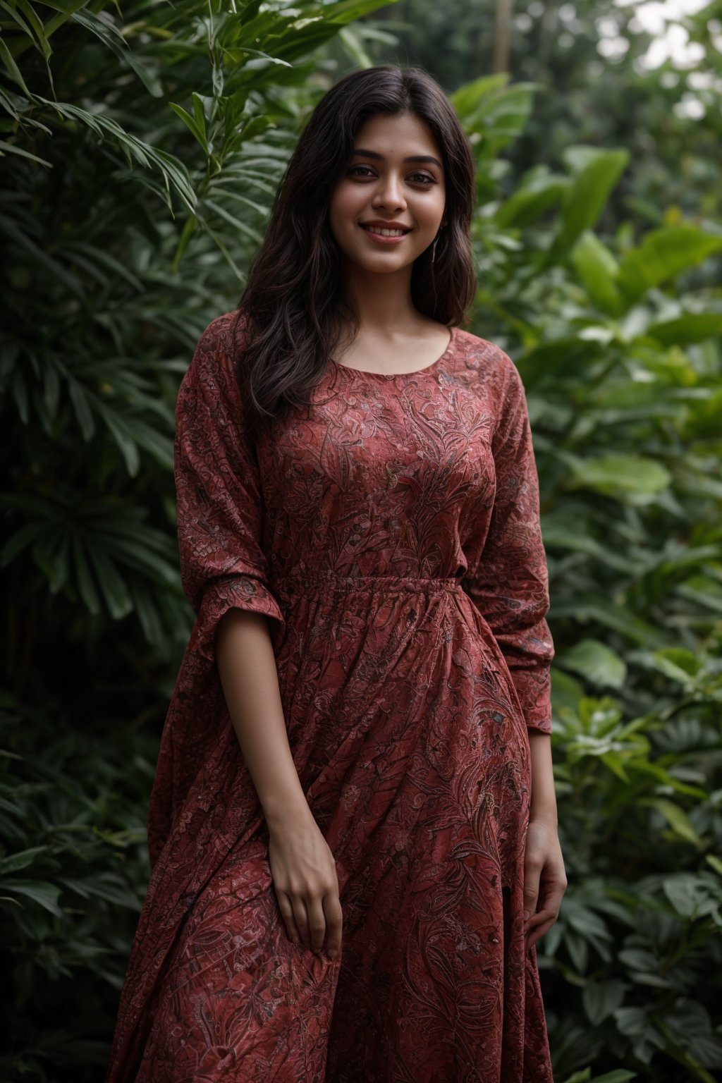 A stunning Kerala beauty poses in a lush botanical garden on a bright, sunny day. She wears a vibrant traditional embroidered dress adorned with intricate black, red, and green patterns, her Brown hair shining under the warm light. Her radiant smile captures the essence of joy as she stands amidst a tapestry of colorful flowers, the gentle breeze rustling the petals in harmony with her carefree laughter.