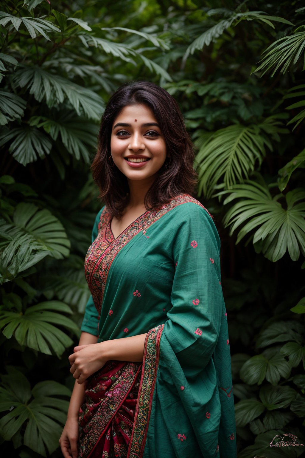 A stunning Kerala beauty poses in a lush botanical garden on a bright, sunny day. She wears a vibrant traditional embroidered dress adorned with intricate black, red, and green patterns, her Brown hair shining under the warm light. Her radiant smile captures the essence of joy as she stands amidst a tapestry of colorful flowers, the gentle breeze rustling the petals in harmony with her carefree laughter.