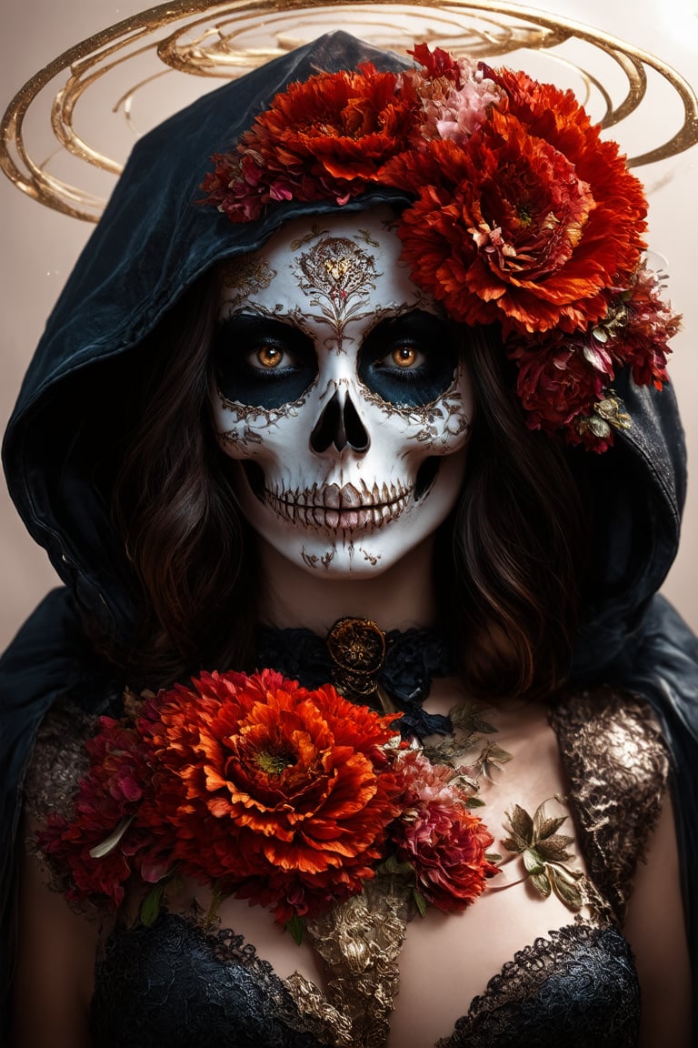 woman dressed sugar skull costume flowers, amazing octane render, thick dust red tones, wearing golden halo, saint woman, white skeleton face, wearing dark hood, hyperrealistic concept art, flower,
