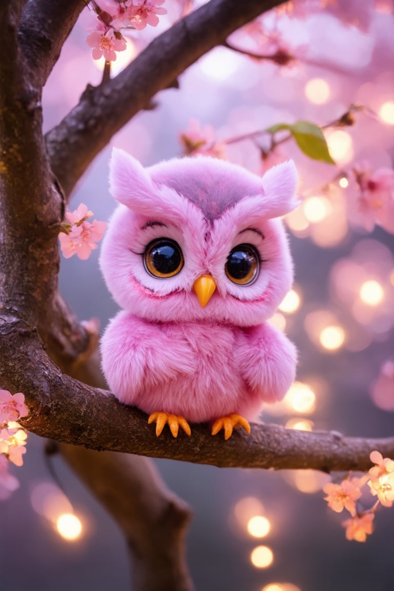 cuteness overload , neon pink and purple glowing, fairy lights photography cute tiny transparent vivid ghostly little happy dreamy chibi owl baby filled with detailed tiny sakura flowers inside fully transparent body, expressive glowing eyes, on a tree branch, leaves, spring insanely detailed, anatomical, unmaterial, fairytale, fantasy, water drops, tender, soft pastel colors, soft natural volumetric light, atmospheric, sharp focus, centered composition, complex background, soft haze, masterpiece. advntr
