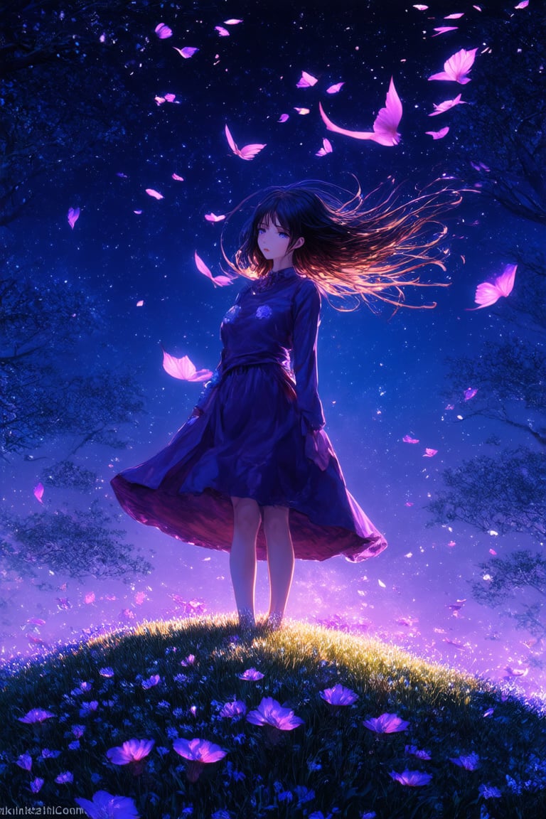 3D anime art, young woman on a hill covered in luminescent purple flowers, wind blowing through her hair, petals floating around, magical twilight setting, intricate details, glowing elements, vibrant and serene, high resolution