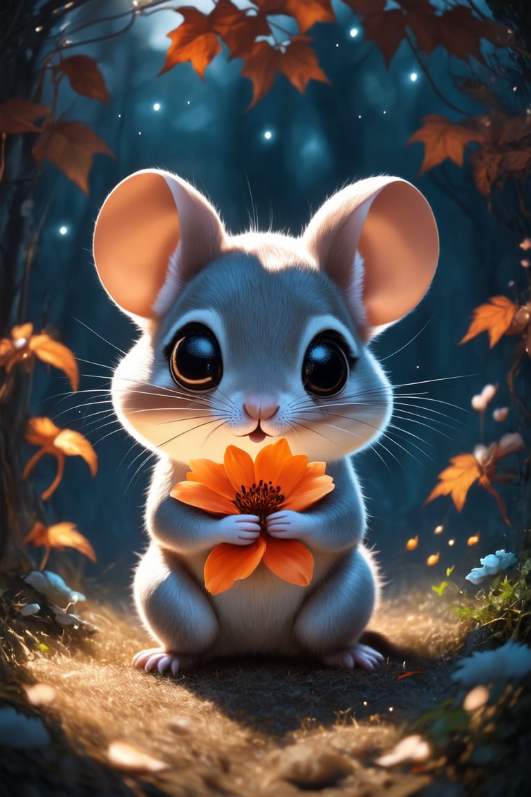 Digital painting characterized by smooth gradients, soft glowing light, and meticulous detailing showcases an adorable mouse with expressive, large eyes, delicately holding a vibrant, orange flower while surrounded by gently blurred, ethereal foliage, creating a dreamy and magical ambiance against a warm, softly illuminated background.