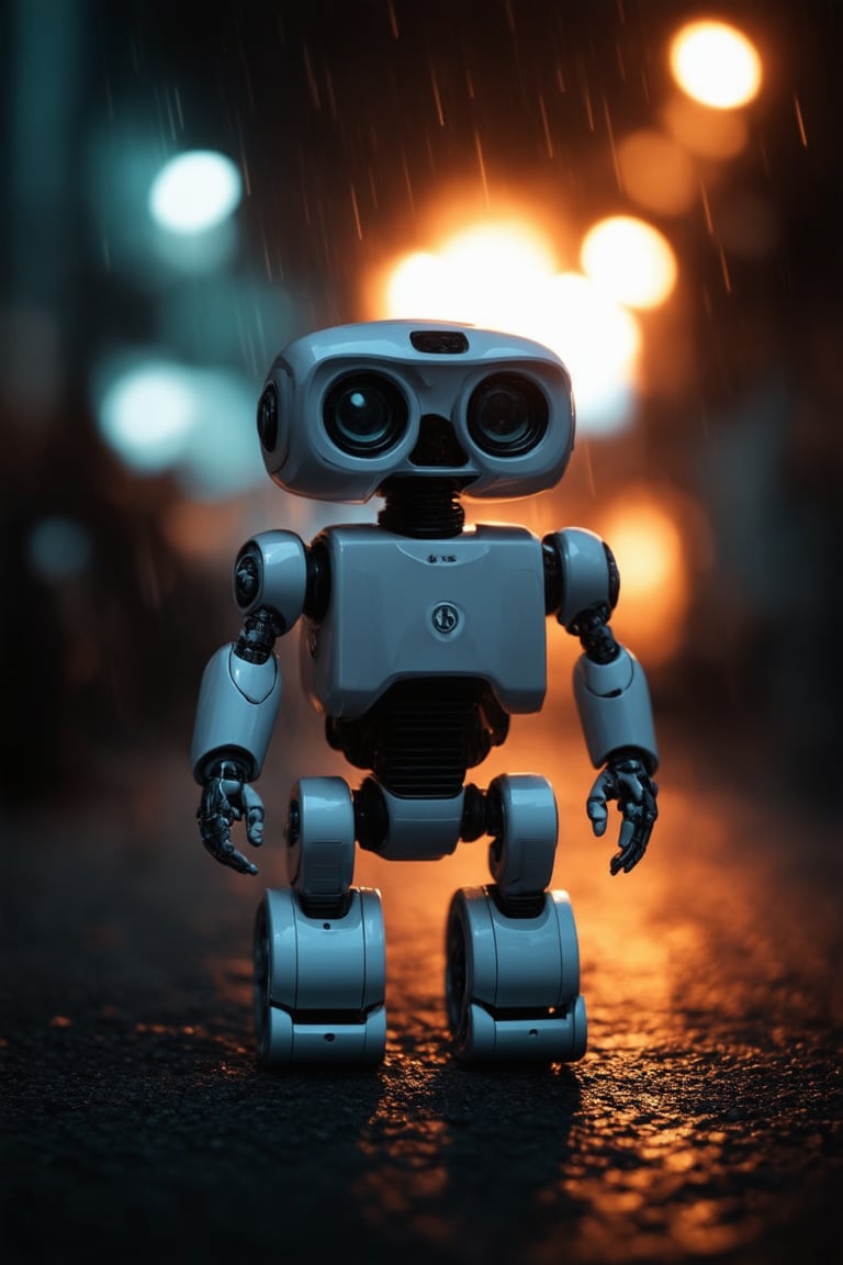 Small robot, cute robot, rectangular body, treaded wheels, compact head, expressive binocular-like eyes, sad and curious appearance, heartbreaking, cute, heavy rain, very sad, lonely, lost place, cyberpunk, desaturated, vibrant colors, dramatic lighting, desaturated background, bokeh, dark theme, soothing tones, depth of field, dramatic backlighting, film grain,
