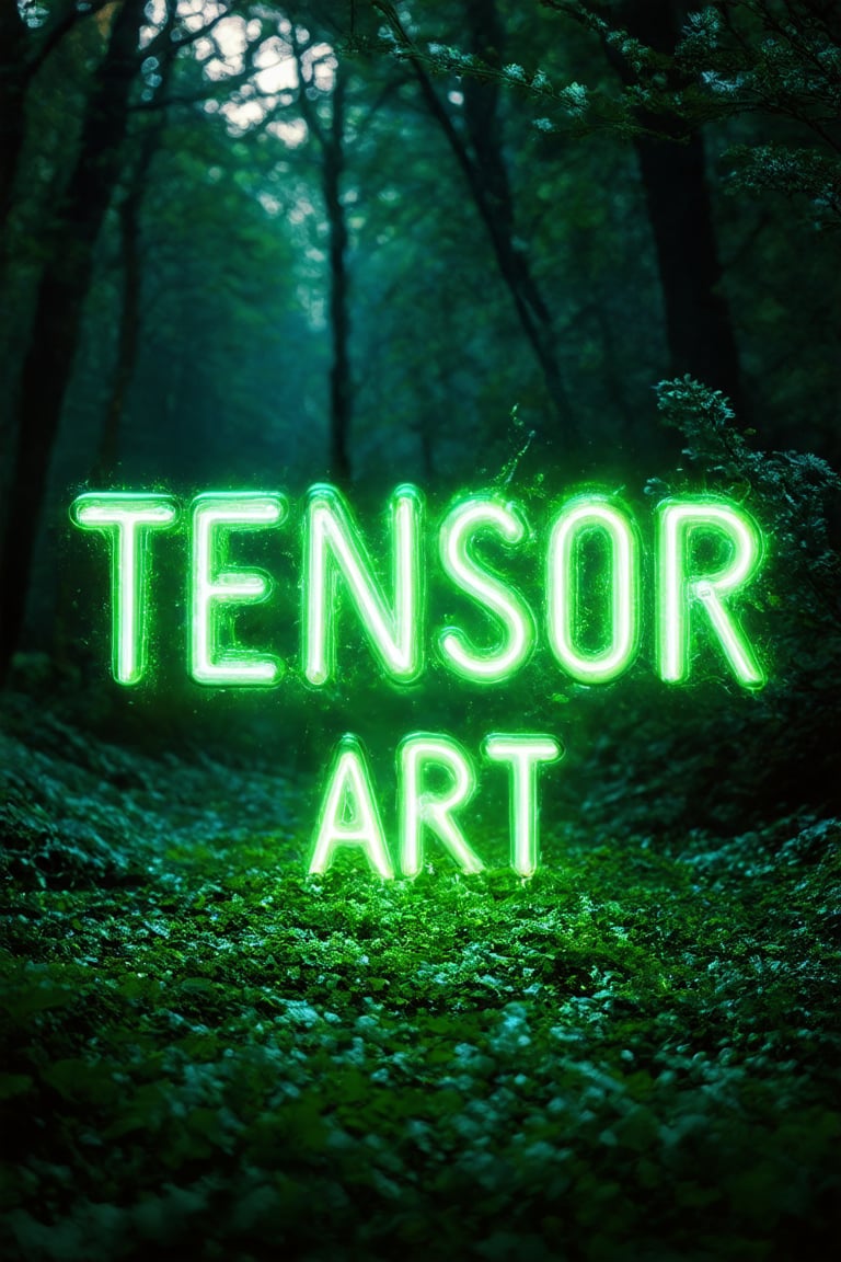 text "TENSOR ART" made of, tiny neon (glass:1.1) filaments, w0f1l, lush forest background, gentle colors, exotic, cool, magic, passionate, expressive, charismatic, very inspirational, intricate, extremely detailed futuristic illuminated cinematic color, intense artistic, highly symbolic, deep aesthetic, peaceful, inspiring, beautiful, dramatic shining