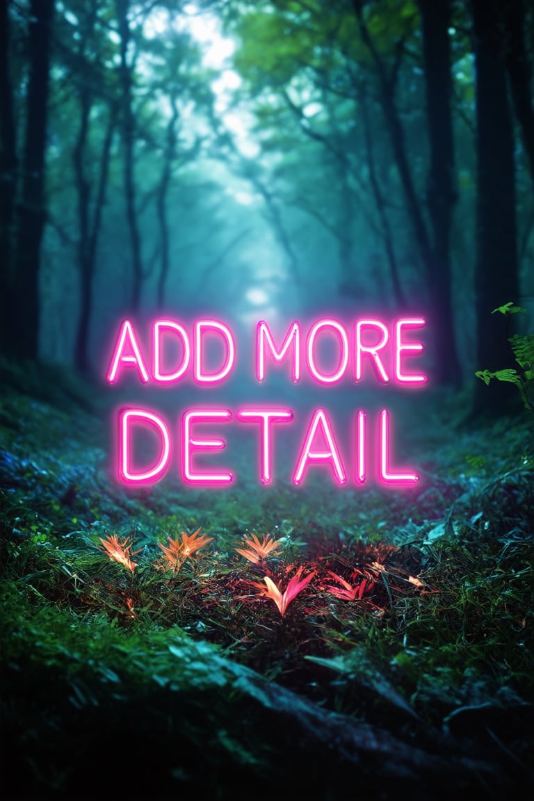 text "ADD MORE DETAIL" made of, tiny neon (glass:1.1) filaments, w0f1l, lush forest background, gentle colors, exotic, cool, magic, passionate, expressive, charismatic, very inspirational, intricate, extremely detailed futuristic illuminated cinematic color, intense artistic, highly symbolic, deep aesthetic, peaceful, inspiring, beautiful, dramatic shining