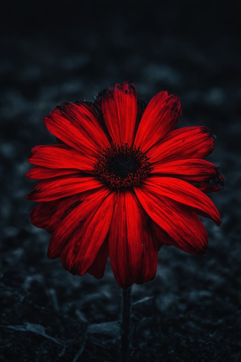 neon infused, futuristic aesthetic, exaggerated proportions, reflective surfaces, 4k highly detailed unreal engine render, in the midst of a desolate and barren landscape, a striking red flower blooms with an ominous presence. its vibrant hue contrasts sharply with the muted colors of its surroundings, drawing the eye immediately. however, upon closer inspection, one can notice a dark secret concealed within its petals. a blackened core, reminiscent of a festering wound, sits at the heart of this seemingly innocent bloom. the petals are slightly charred, as if they have been kissed by a small fire or exposed to extreme heat. each delicate layer has a story to tell, etched onto their surfaces in varying degrees of severity. the flower is not alone; it shares its space with several other blooms, all bearing the same scars. the background is a blurred tapestry of colors that hint at a chaotic scene. the faint outlines suggest the presence of people, possibly engaged in some form of conflict. the intensity of the colors suggests high emotions fear, anger, and even vengeance might be among them. the entire scene carries a sense of unease, as if the flower is a symbol of something much more sinister lurking beneath the surface. the charred edges of the petals serve as a stark reminder of the damage caused by intense feelings of rage and betrayal. creepy abstract style