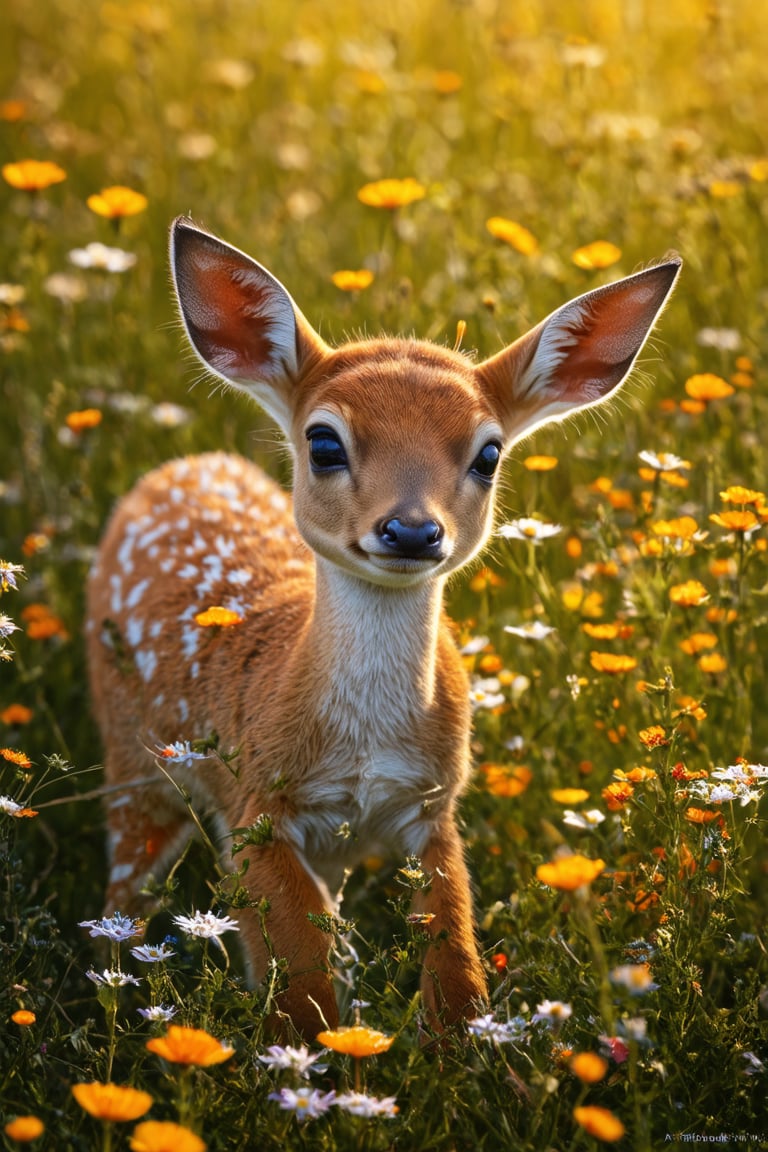 A sleepy baby fawn in a bed of wildflowers, in the warm sunlight, its delicate spots blending in with the colorful petals, 8k, hyperrealistic.