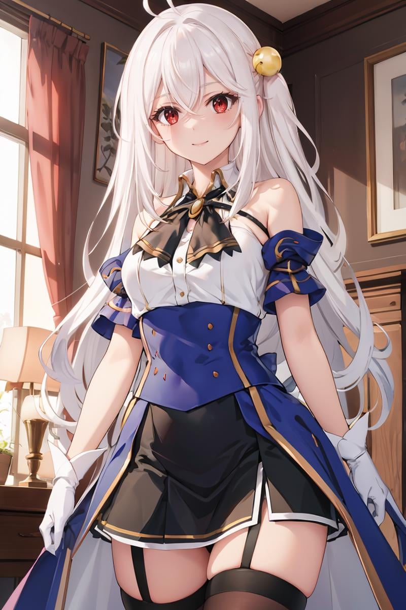 masterpiece, best quality, ultra-detailed, glistening shiny, glowing light, ray tracing, HDR, deph of field, (perfect face, detailed face), <lora:NinymRalei:0.8>, ninym, very long hair,  pearl hair ornament, smile, white shirt, bare shoulders, black neck ribbon, black skirt, blue corset, blue armlets, white gloves, garter straps, brown thighhighs, standing