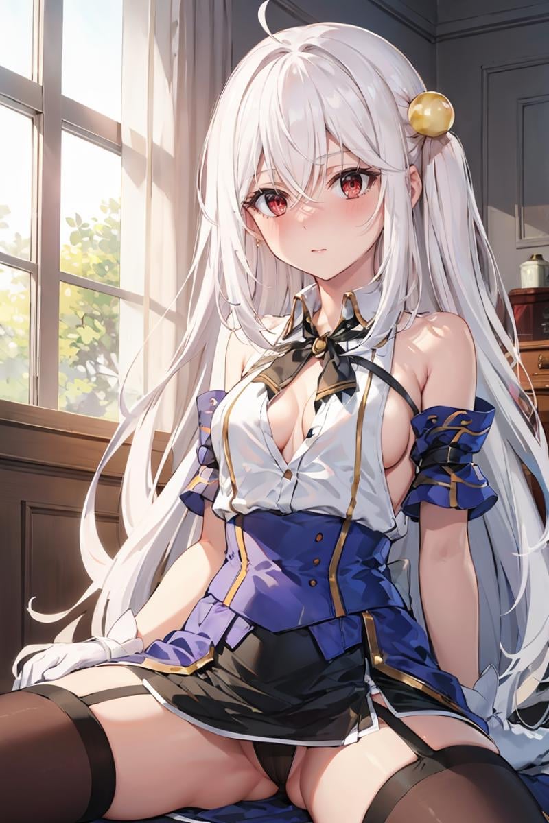 masterpiece, best quality, ultra-detailed, glistening shiny, glowing light, ray tracing, HDR, deph of field, (perfect face, detailed face), <lora:NinymRalei:0.8>, ninym, very long hair, small breasts, pearl hair ornament, (nose blush:1.2), white shirt, open shirt, cleavage, bare shoulders,  black skirt, blue corset, blue armlets, sideboob, white gloves, garter straps, brown thighhighs, spread legs, thong, sitting