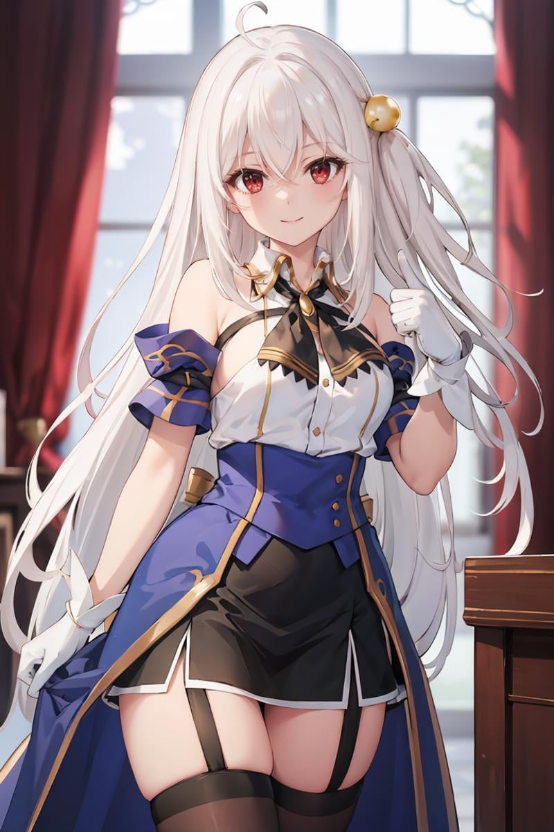 masterpiece, best quality, ultra-detailed, glistening shiny, glowing light, ray tracing, HDR, deph of field, (perfect face, detailed face), <lora:NinymRalei:0.8>, ninym, very long hair,  pearl hair ornament, smile, white shirt, bare shoulders, black neck ribbon, black skirt, blue corset, blue armlets, white gloves, garter straps, brown thighhighs, standing