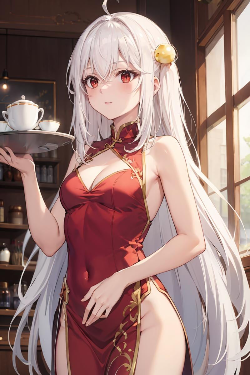 masterpiece, best quality, ultra-detailed, glistening shiny, glowing light, ray tracing, HDR, deph of field, (perfect face, detailed face), <lora:NinymRalei:0.7>, ninym, very long hair, pearl hair ornament, small breasts, china dress, (red dress:1.2), cleavage, pelvic curtain, bare arms, no panties, holding tray, indoors, cafe