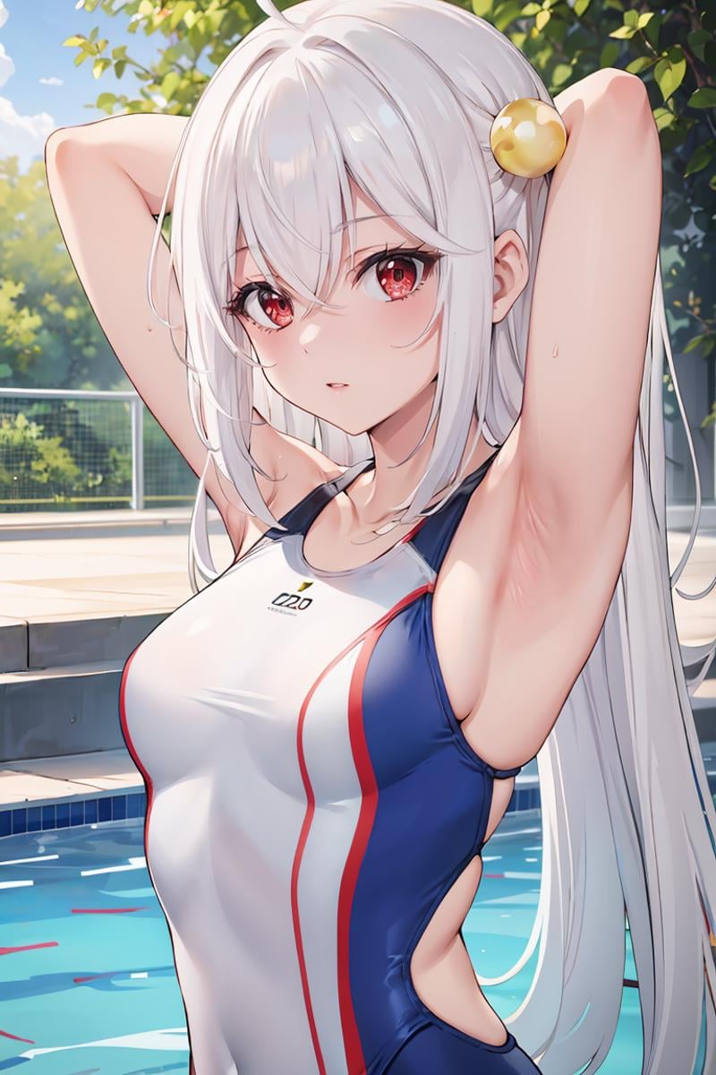 masterpiece, best quality, ultra-detailed, glistening shiny, glowing light, ray tracing, HDR, deph of field, (perfect face, detailed face), <lora:NinymRalei:0.7>, ninym, very long hair, pearl hair ornament, small breasts, competition swimsuit, arms behind head, armpits, posing, pool