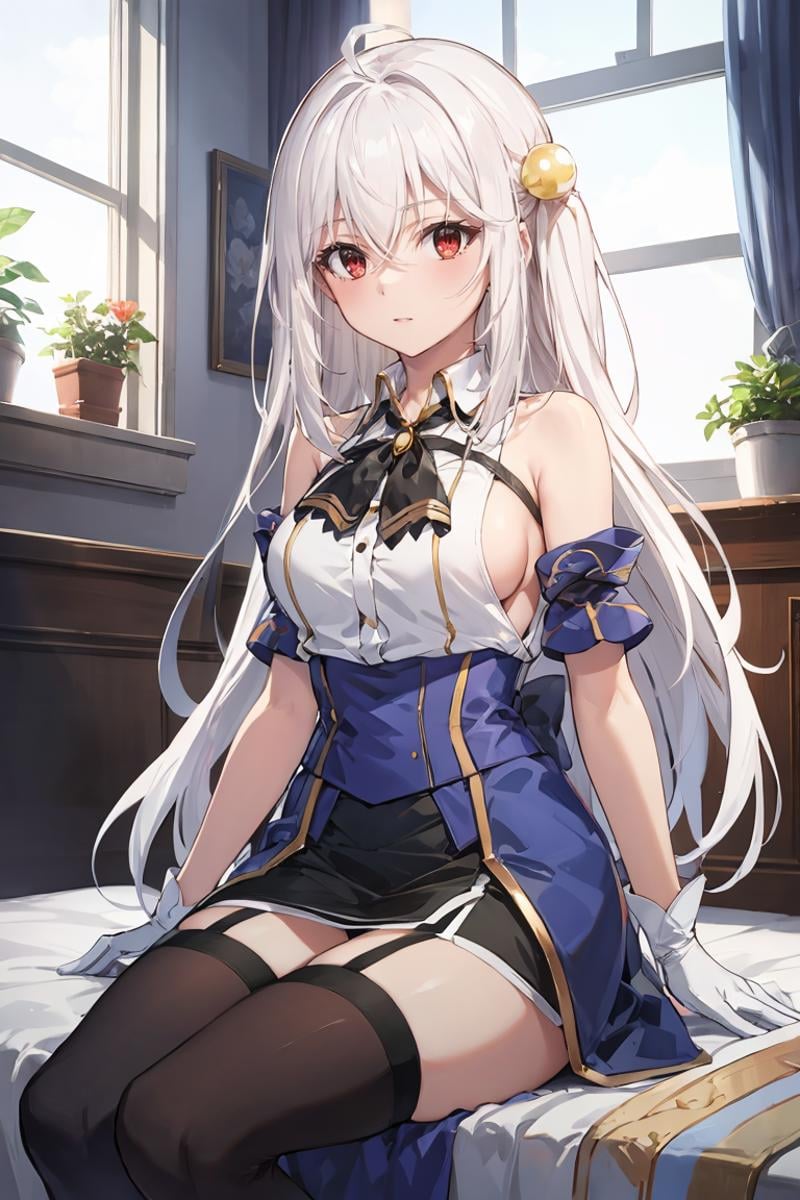 masterpiece, best quality, ultra-detailed, glistening shiny, glowing light, ray tracing, HDR, deph of field, (perfect face, detailed face), <lora:NinymRalei:0.8>, ninym, very long hair, pearl hair ornament, white shirt, bare shoulders, black neck ribbon, black skirt, blue corset, blue armlets, sideboob, white gloves, garter straps, brown thighhighs, sitting