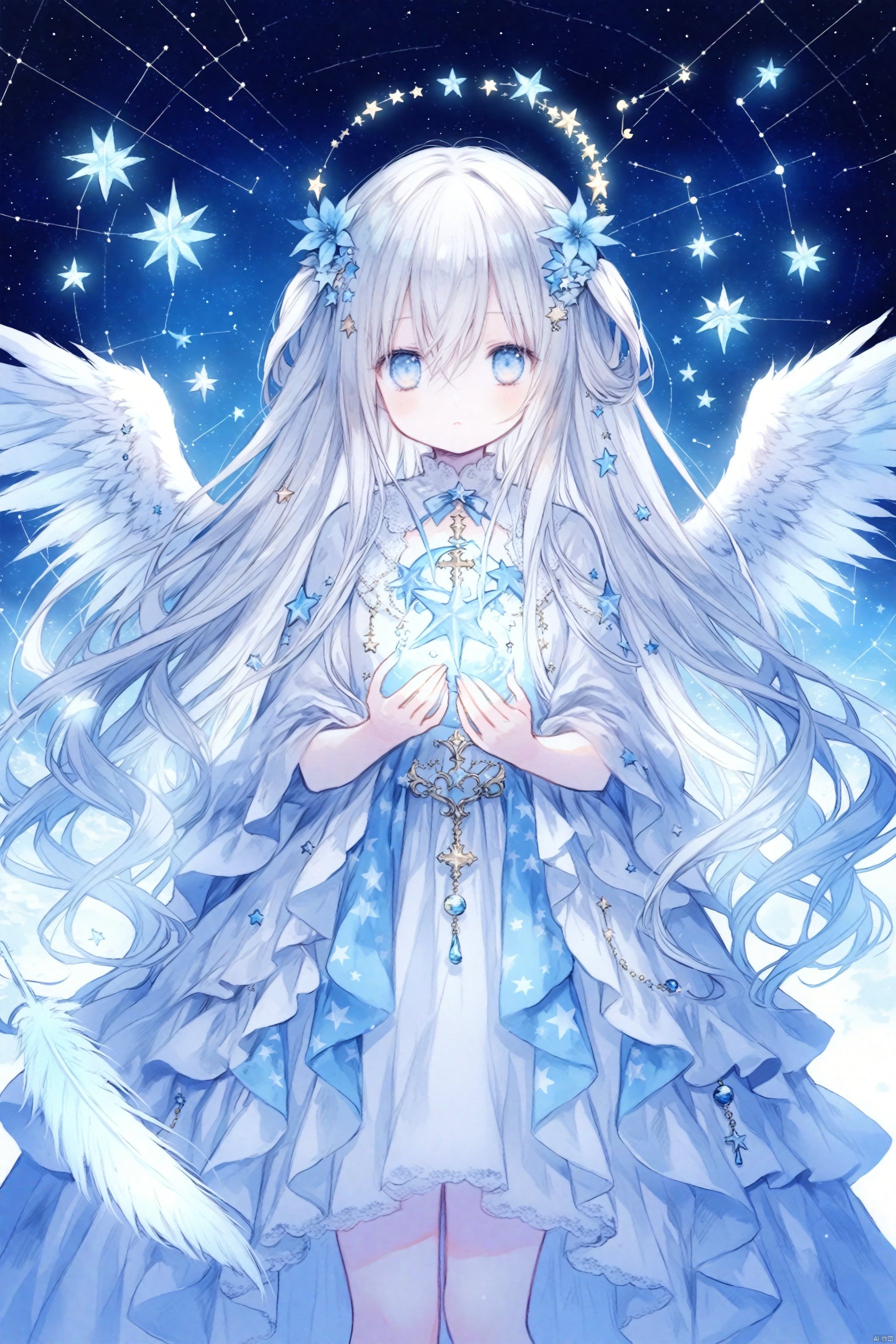 NewStyleOnineko,OldStyleOnineko,blue theme,1girl, angel, angel_wings, blue_eyes, blue_flower, constellation, crescent, cross, dress, feathered_wings, flower, hair_between_eyes, hair_ornament, halo, long_hair, looking_at_viewer, planet, solo, star_\(sky\), star_\(symbol\), star_hair_ornament, star_print, starfish, starry_background, starry_sky, very_long_hair, white_feathers, white_hair, white_wings, wings