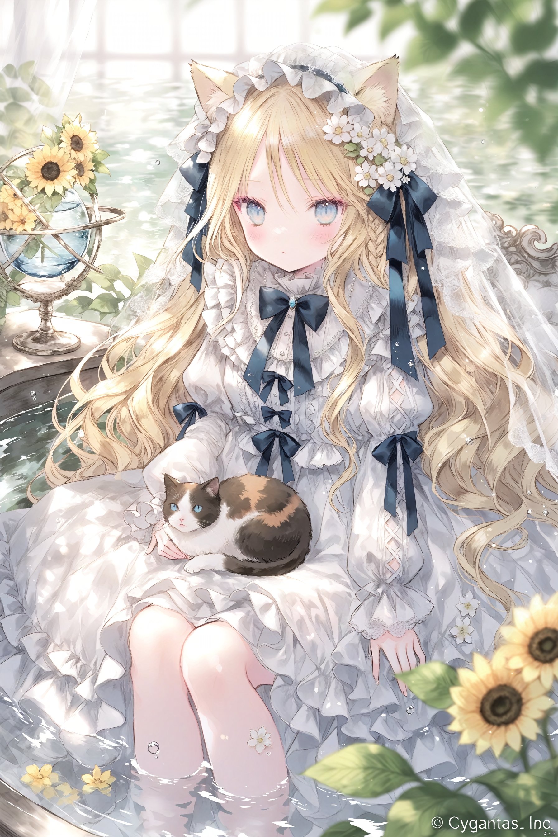 NewStyleOnineko, OldStyleOnineko,1girl, cat, flower, dress, solo, animal ears, long hair, bow, blonde hair, sitting, white dress, looking at viewer, long sleeves, veil, blush, cat ears, bangs, animal, blue eyes, puffy sleeves, frills, blurry, hair ornament, hair flower, blurry foreground, closed mouth, very long hair, water, lolita fashion, depth of field