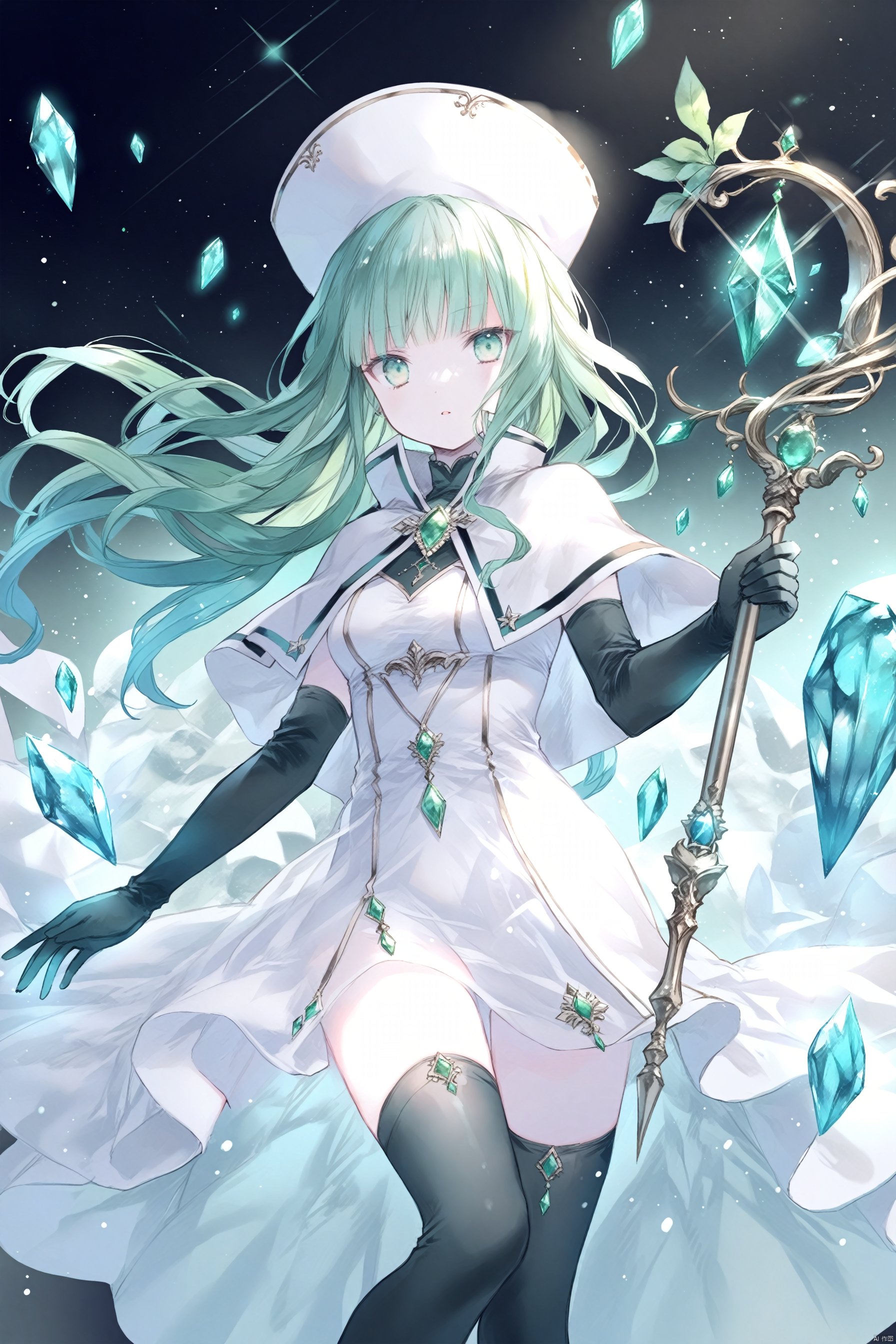 NewStyleOnineko,OldStyleOnineko, 1girl, solo, gloves, see-through dress,thighhighs, elbow gloves, hat, holding, dress, long hair, staff, black thighhighs, green hair, white capelet, bangs, holding staff, gem, white headwear, white dress, capelet, green eyes, parted lips, black gloves, crystal, blunt bangs, looking at viewer, aqua hair, breasts, aqua eyes, flower, feet out of frame