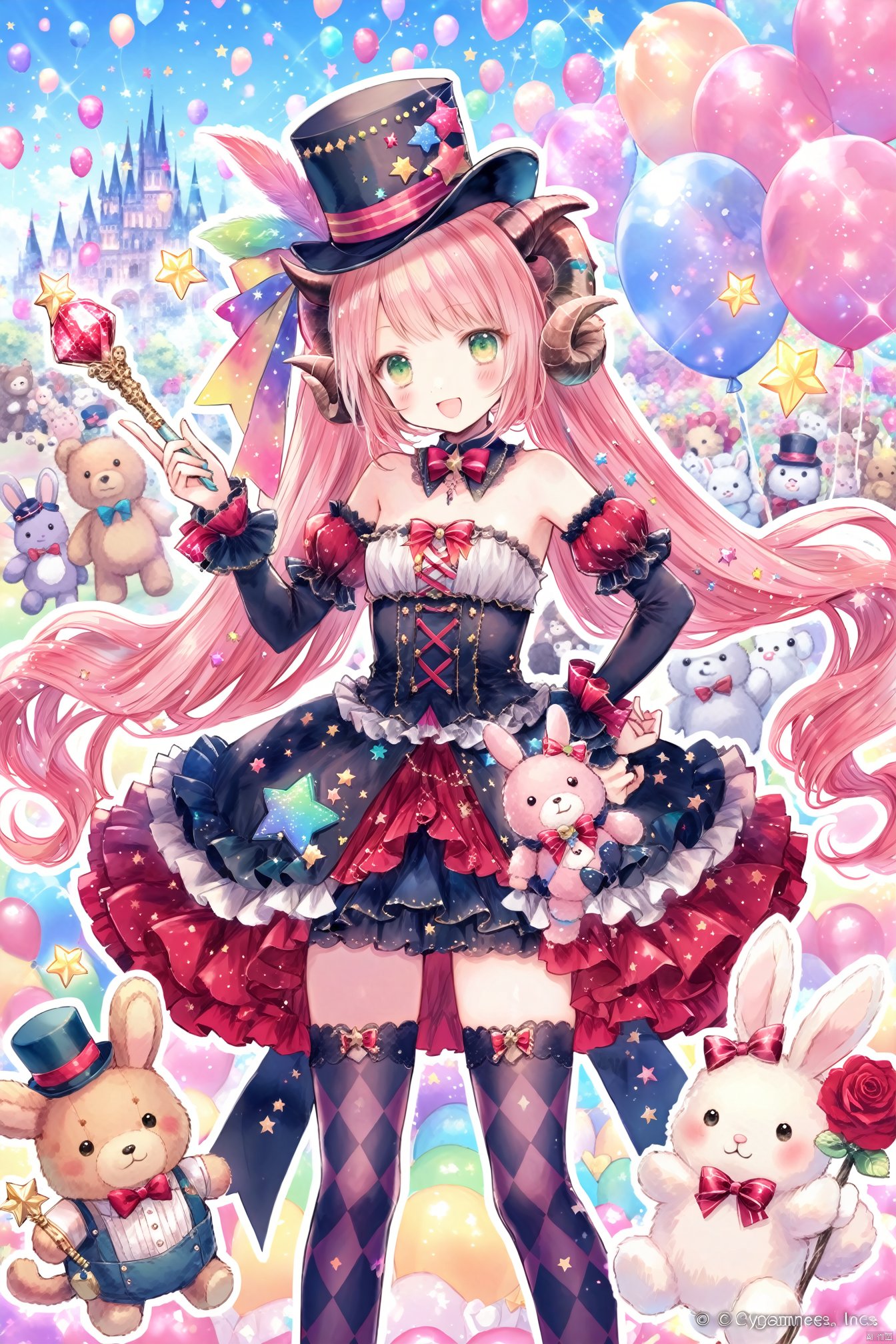 NewStyleOnineko,OldStyleOnineko, 1girl, hat, horns, long hair, balloon, open mouth, smile, thighhighs, argyle legwear, flower, stuffed animal, solo, top hat, stuffed toy, detached sleeves, company name, argyle, star (symbol), bow, twintails, looking at viewer, :d, skirt, teddy bear, holding, very long hair, hand on hip, rose, wand, frills, standing, stuffed bunny, pink hair, detached collar, black headwear, blush, watermark, heart, green eyes, strapless, sheep horns, dress, ribbon, bowtie, sparkle, red flower, rabbit, bare shoulders