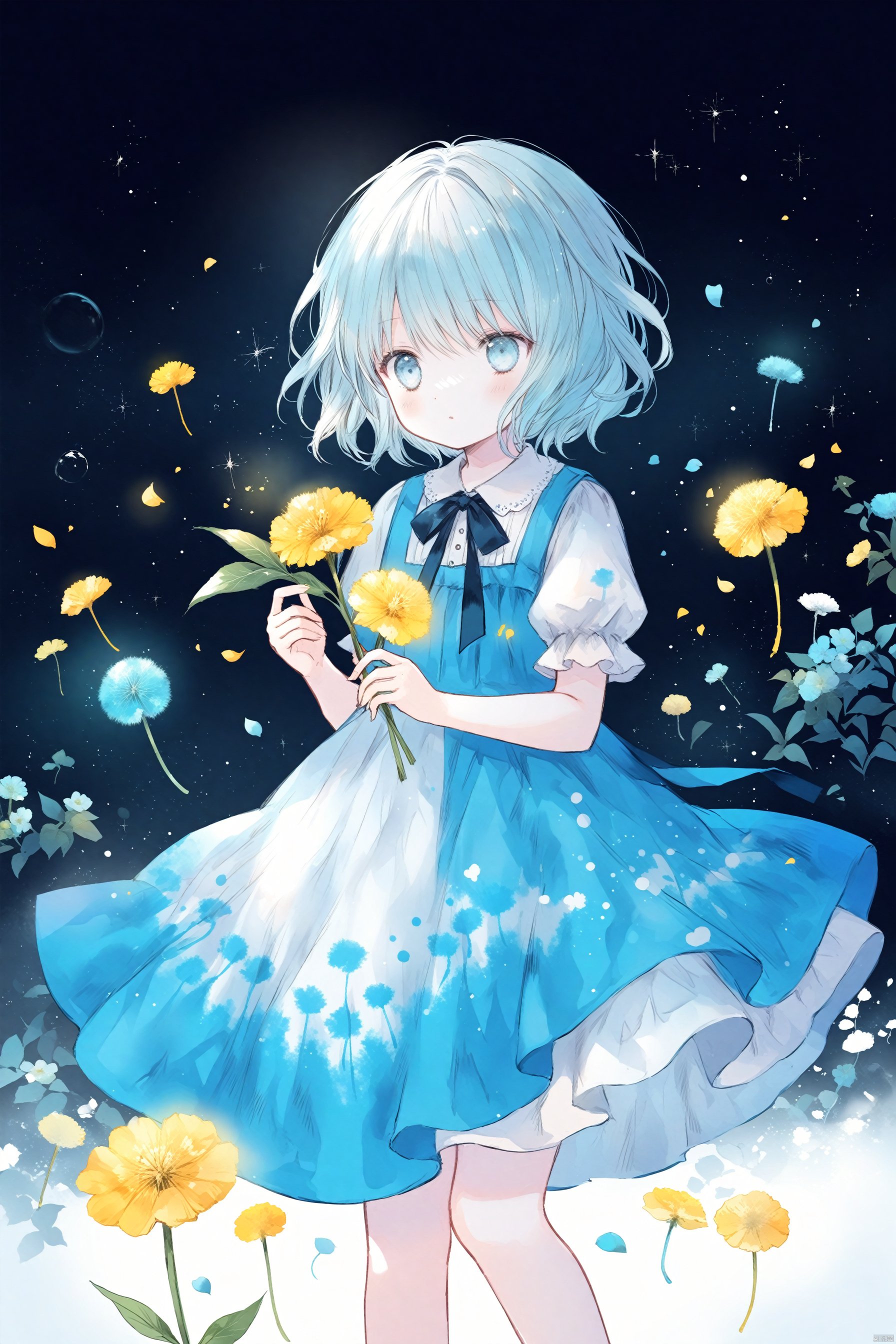 NewStyleOnineko,OldStyleOnineko,blue theme,Tie dyeing,A girl holding a dandelion flower, wearing a blue dress with white dots and yellow flowers on it, blowing away small petals in the style of light skyblue and pale aquamarine illustrations, a simple line drawing reminiscent of children's book illustrations and storybook art, with colorful cartooning and playful character design