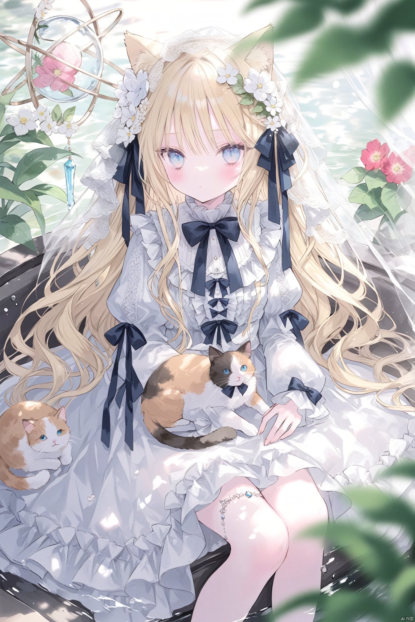 NewStyleOnineko, 1girl, cat, flower, dress, solo, animal ears, long hair, bow, blonde hair, sitting, white dress, looking at viewer, long sleeves, veil, blush, cat ears, bangs, animal, blue eyes, puffy sleeves, frills, blurry, hair ornament, hair flower, blurry foreground, closed mouth, very long hair, water, lolita fashion, depth of field