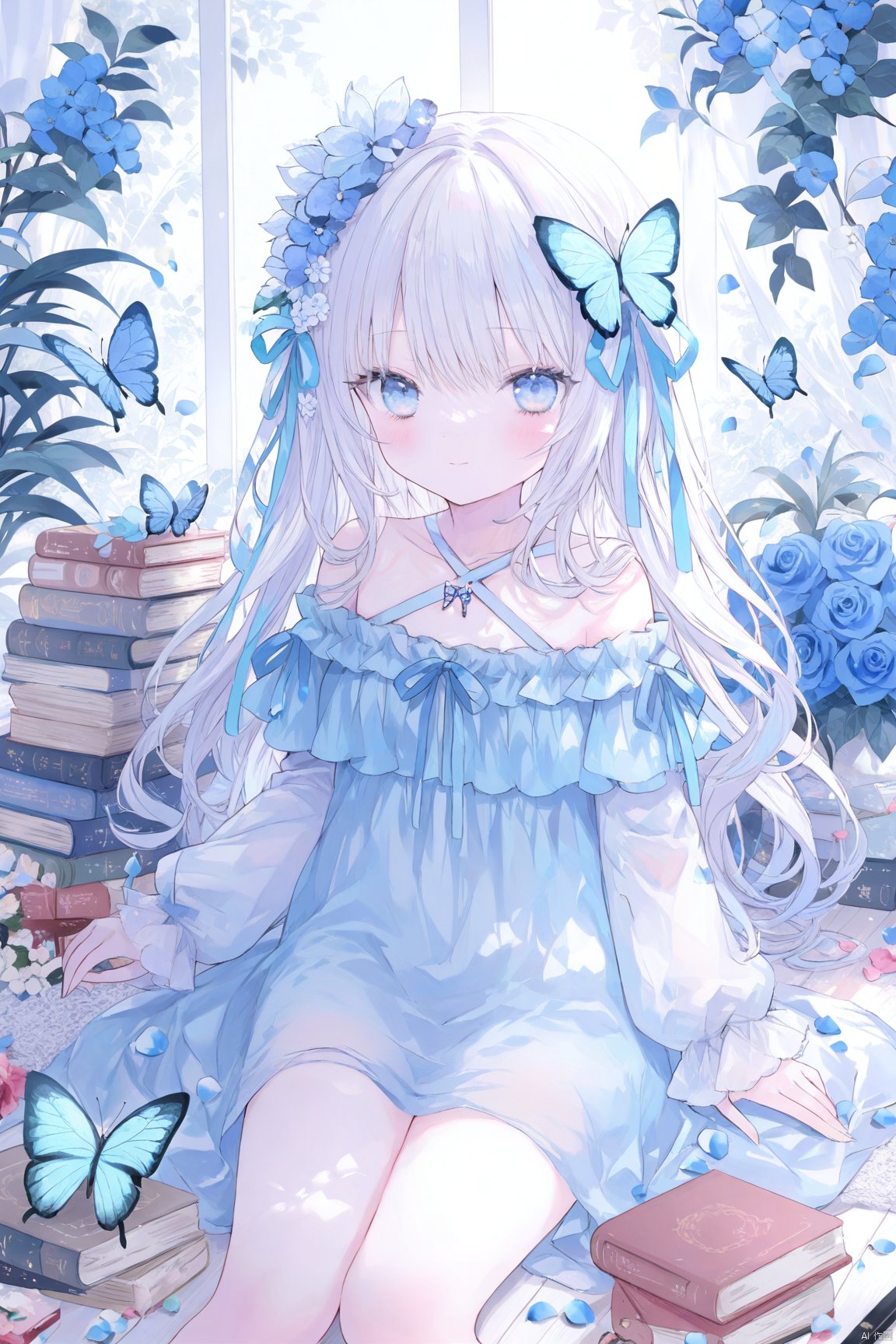 NewStyleOnineko,(masterpiece), (best quality),loli1girl, solo, long hair, looking at viewer, blush, smile, bangs, blue eyes, hair ornament, long sleeves, dress, ribbon, bare shoulders, sitting, very long hair, closed mouth, collarbone, hair ribbon, flower, white hair, puffy sleeves, indoors, hair flower, off shoulder, white dress, sleeves past wrists, book, petals, blue dress, rose, animal, halterneck, bug, butterfly, puffy long sleeves, blue flower, on floor, off-shoulder dress, criss-cross halter, blue rose, book stack, blue butterfly