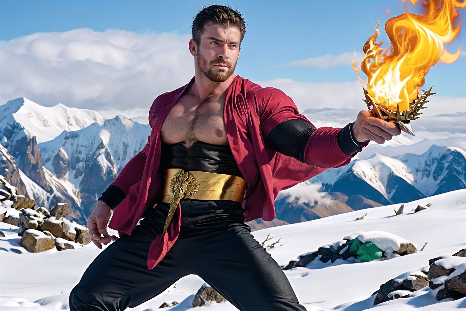 Rand Al'Thor, majestic warrior-king, stands regally atop a rugged mountain peak, winds howling and snow swirling around him in a dramatic framing shot. Golden thorns adorn his short (red hair), while his (chiseled face short reddish stubble), gazes intensely at the viewer with green eyes holding secrets. A gold and red tunic accentuates bulging muscles, paired with tight-fitting black and silver pants on strong legs. His right arm rises above his head, grasping a silver sword with  flames dancing upon it. In his left hand, he holds a small ball of fire.