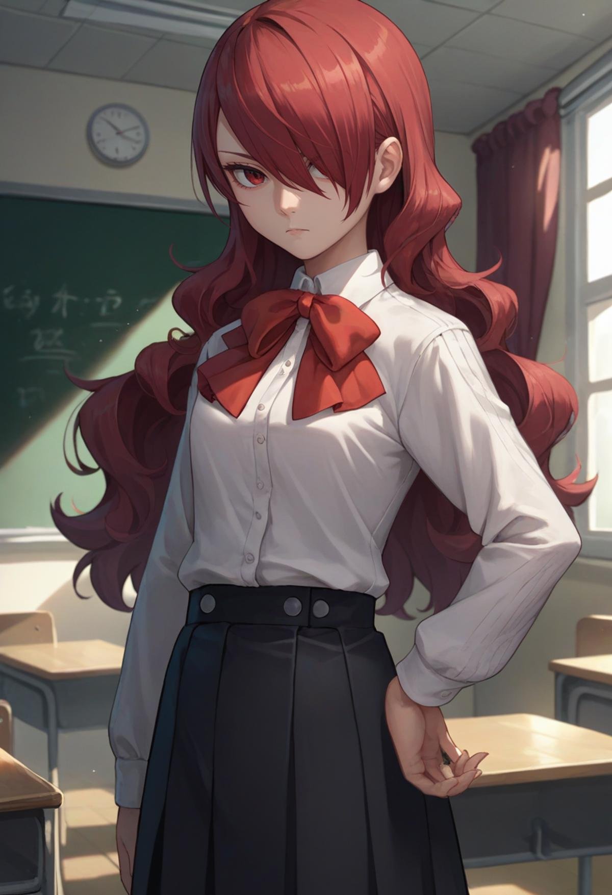 score_9, score_8_up, score_7_up, source_anime, solo, 1girl, kirijodef, expressionless, looking at viewer, standing, hand on hip, hair over one eye, gekkoukan high school uniform, white shirt, long sleeves, red bow, black skirt, indoors, classroom <lora:persona3_kirijou_ponyXL:1>