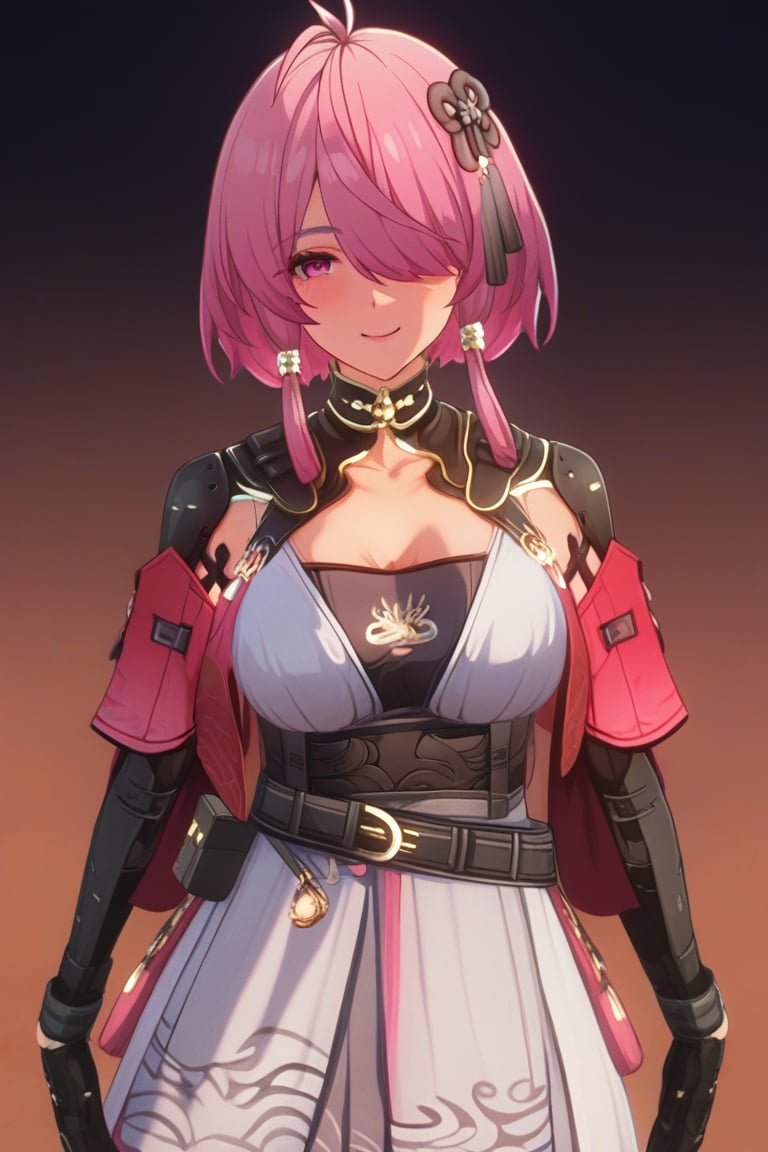 masterpiece, best quality, highly detailed, 1girl, TaoqiTAXL, pink hair, pink eyes, hair over eyes, smile, cowboy shot, looking at viewer, simple background