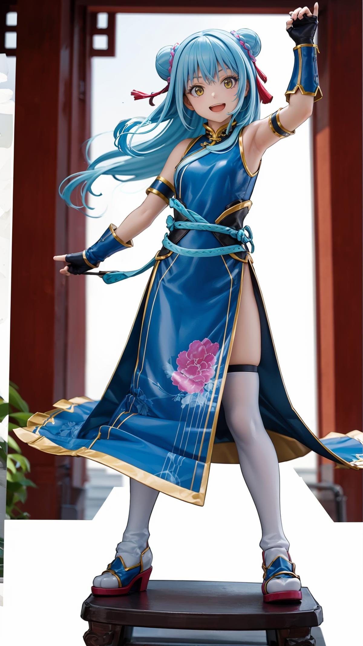 (masterpiece, best quality),ray tracing,absurdres, HDR,1girl,rimuru tempest, hagun, long hair, blue hair, solo, yellow eyes, gloves, thighhighs, closed mouth, large breats , smile, fingerless gloves, hair bun, chinese clothes, full body, double bun, standing, dress,, looking at viewer, china dress, :d, <lora:rimuru hagun:0.7>